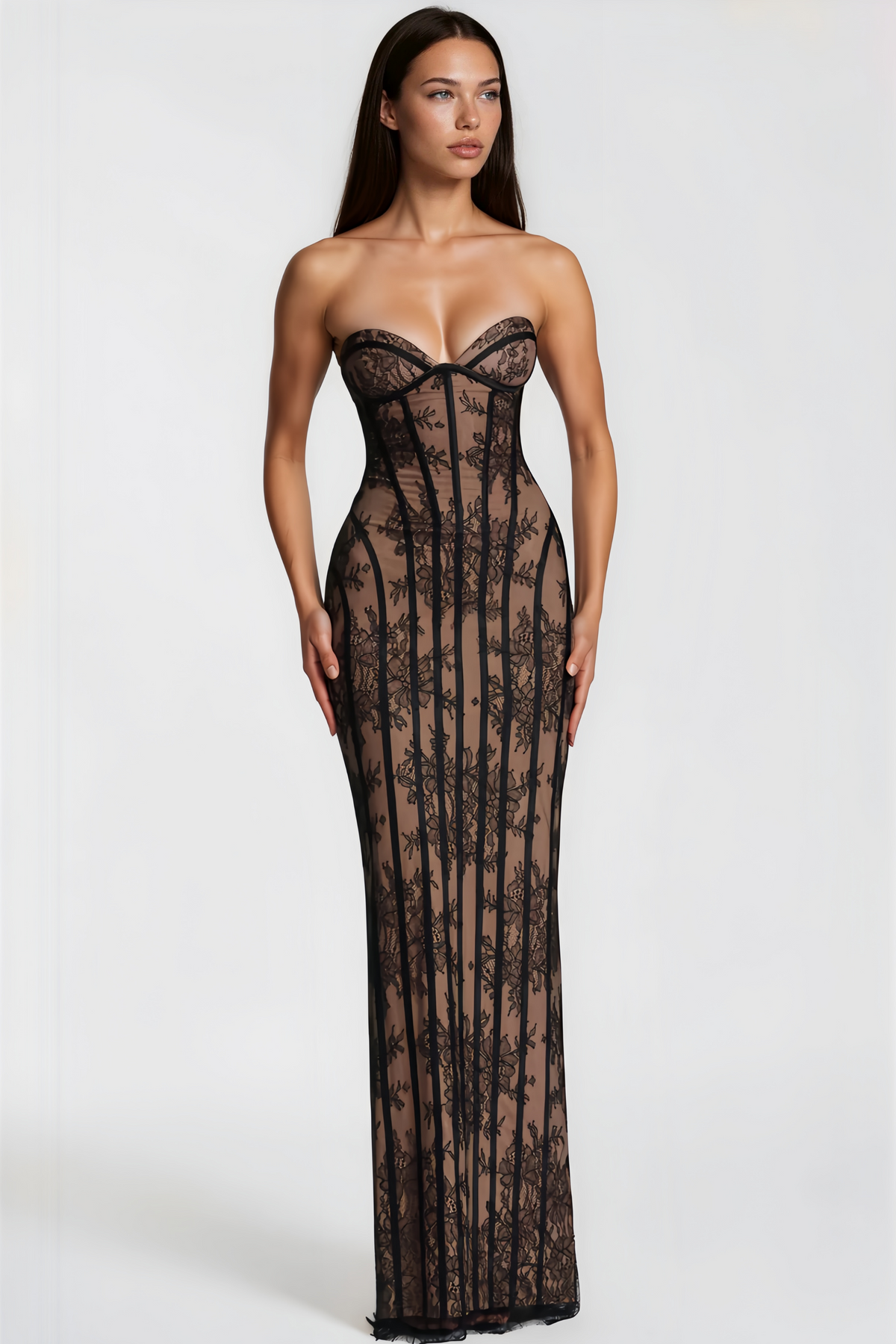 Urszula Black Floral Lace Corset Maxi Dress
