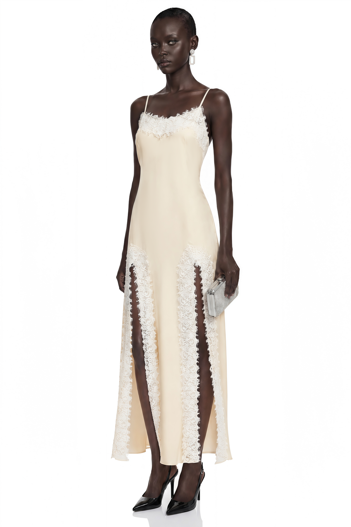 Sienna Neutral Satin Maxi Dress with High Slit