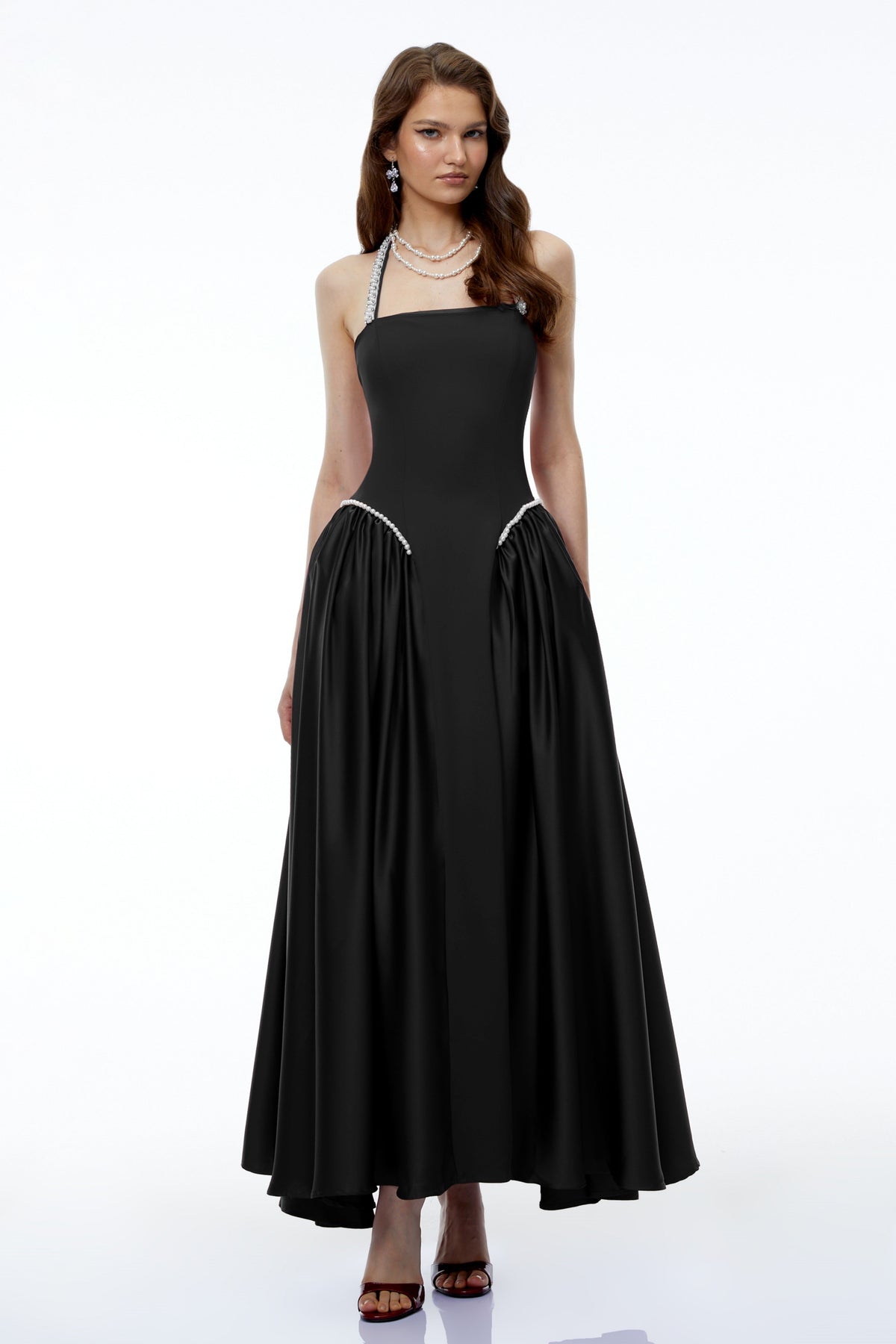 Siobhan Black Halterneck Maxi Dress with Pearl Trim