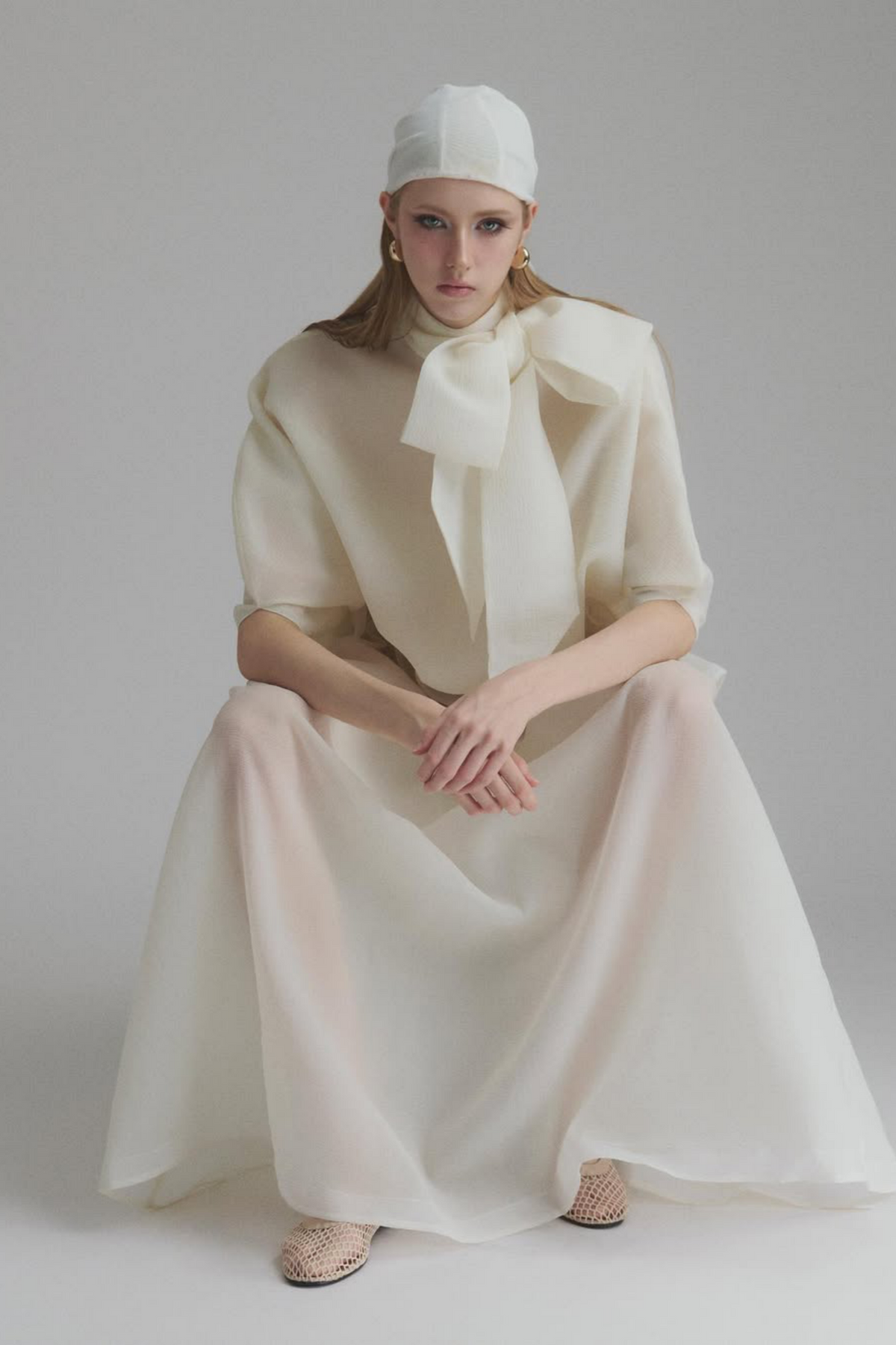 Honorine white tie-neck ruffled maxi dress