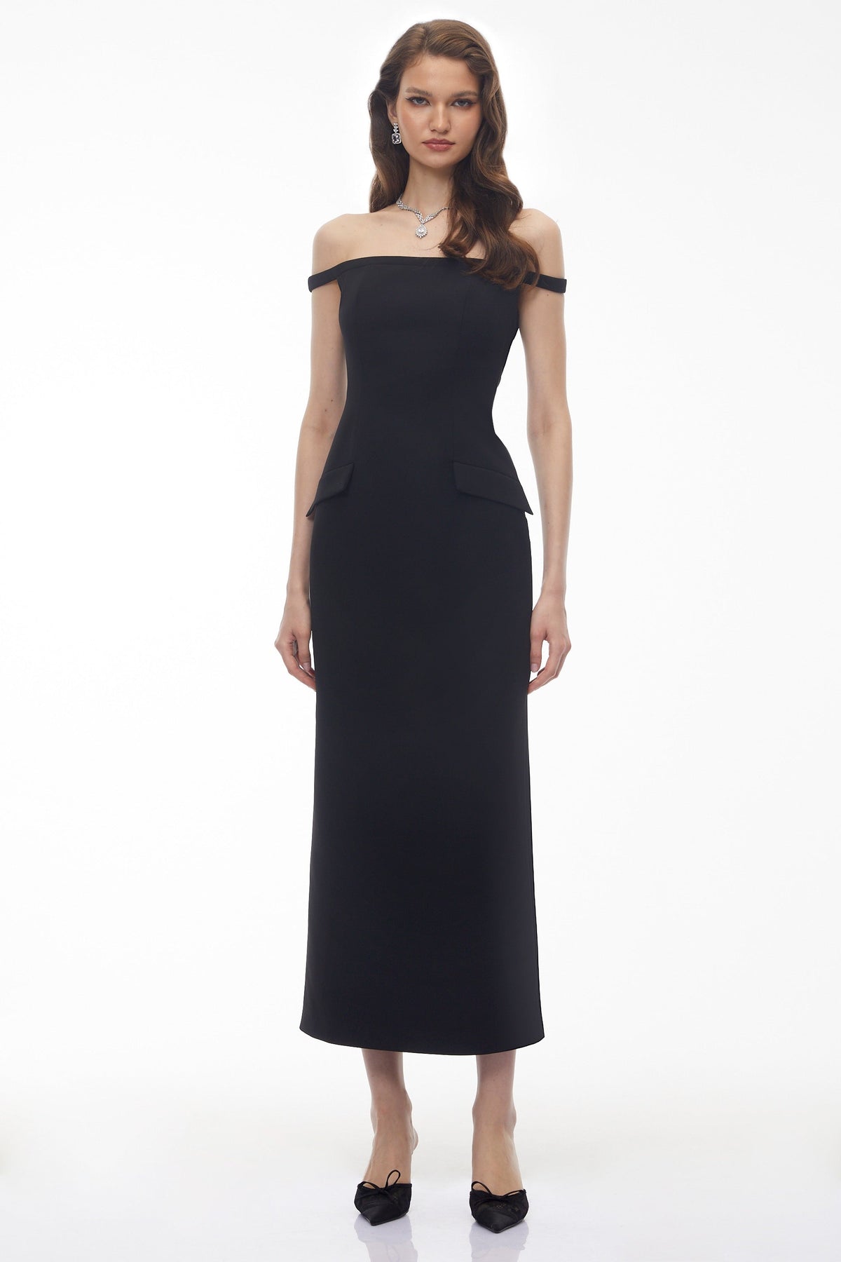 Sofia Black Off Shoulder Backless Maxi Dress with Pearl Chain (Final Sale)