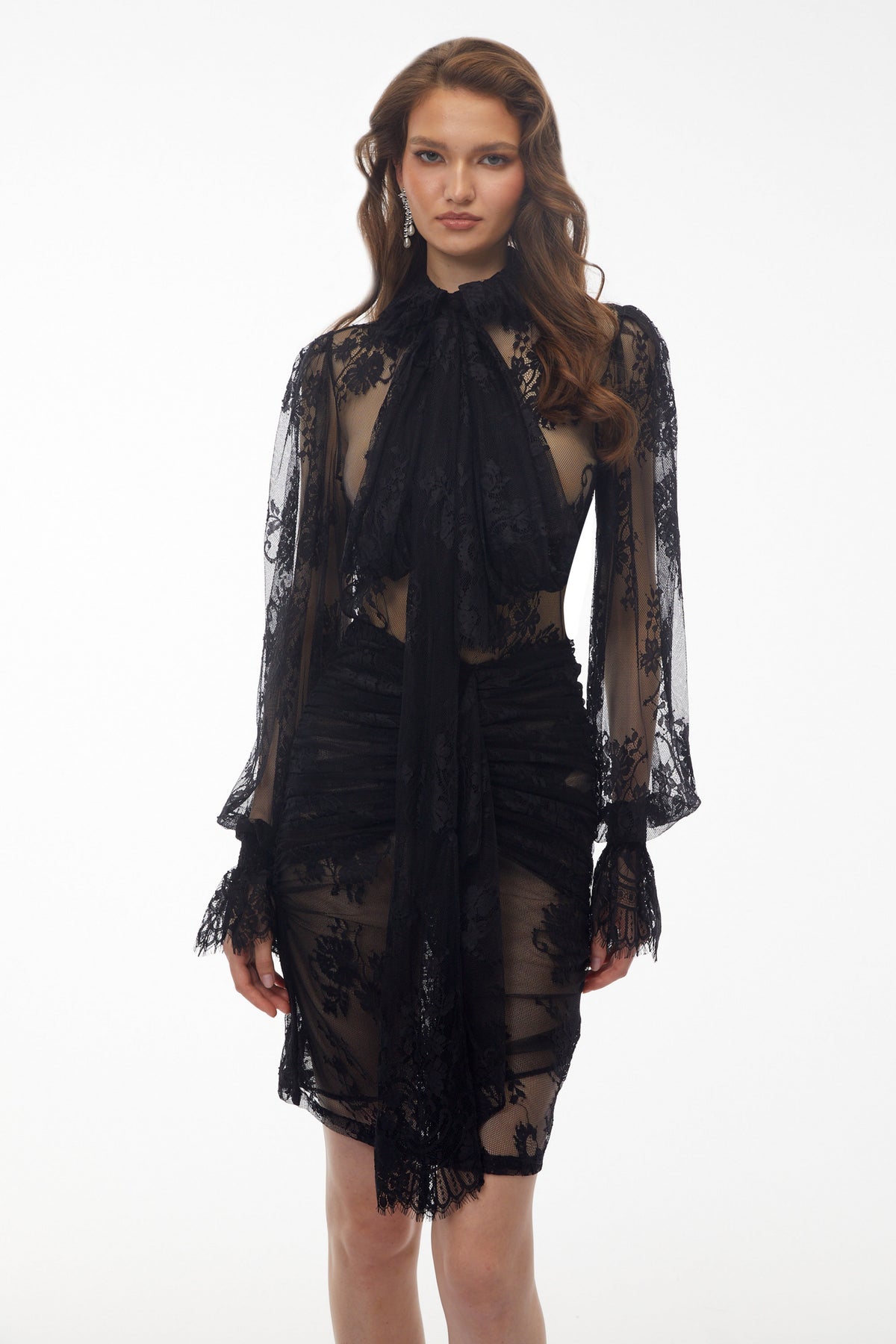 Sofia Black Semi-Sheer Floral Lace Blouse & Skirt Set