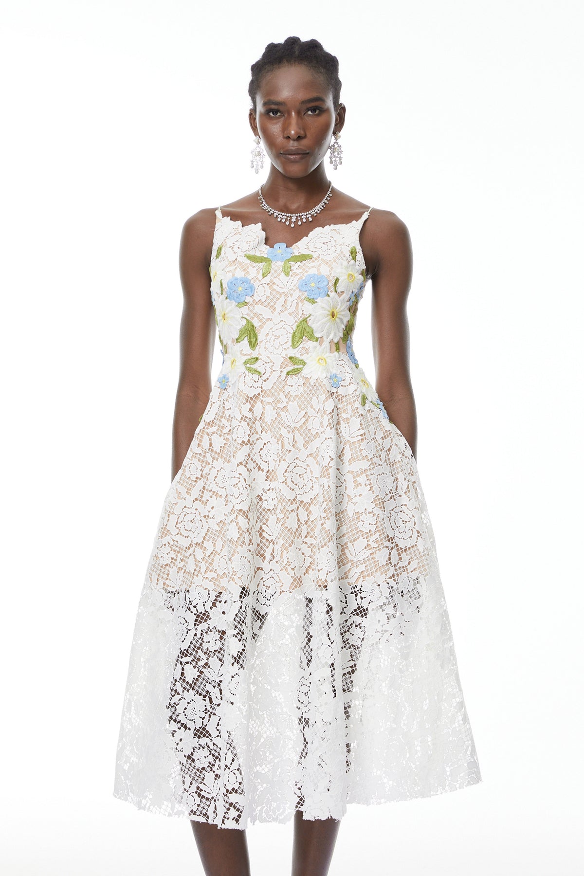 Solea White Floral Embroidered Lace Midi Dress