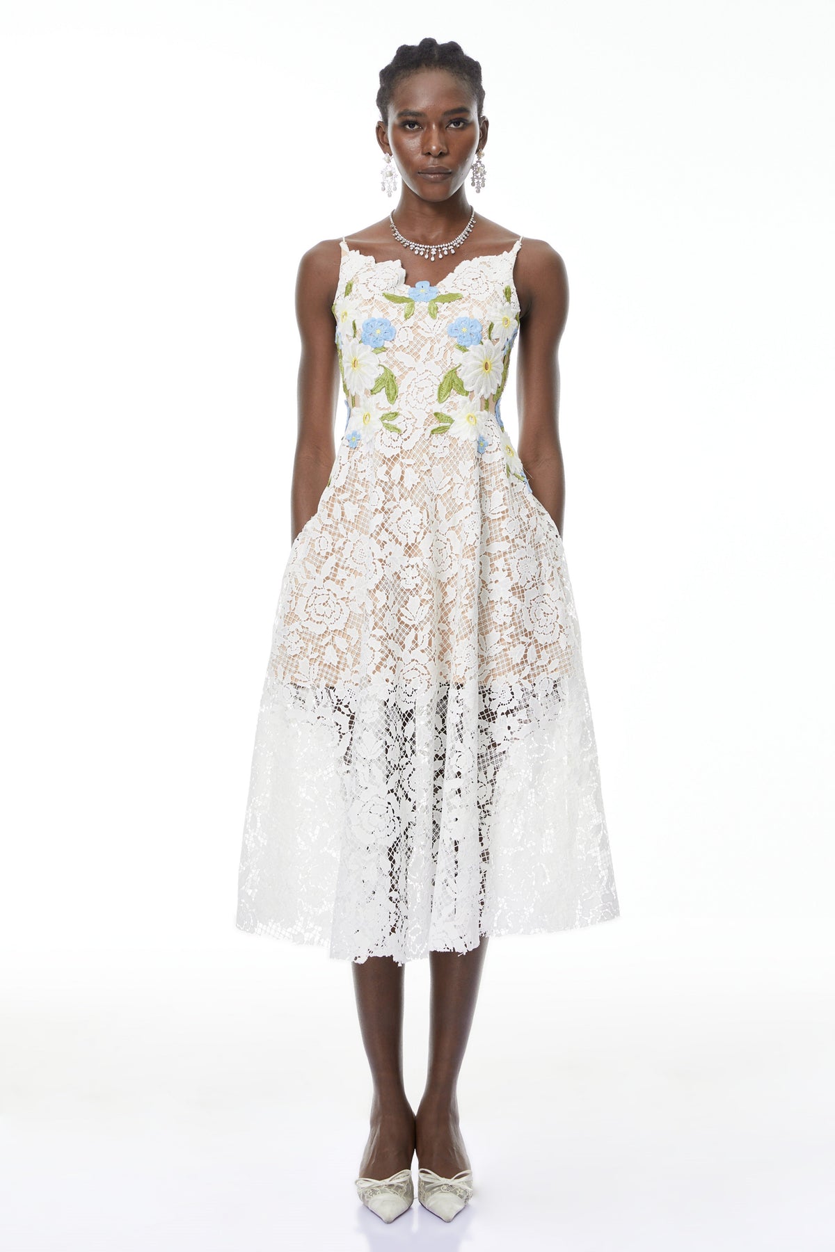 Solea White Floral Embroidered Lace Midi Dress