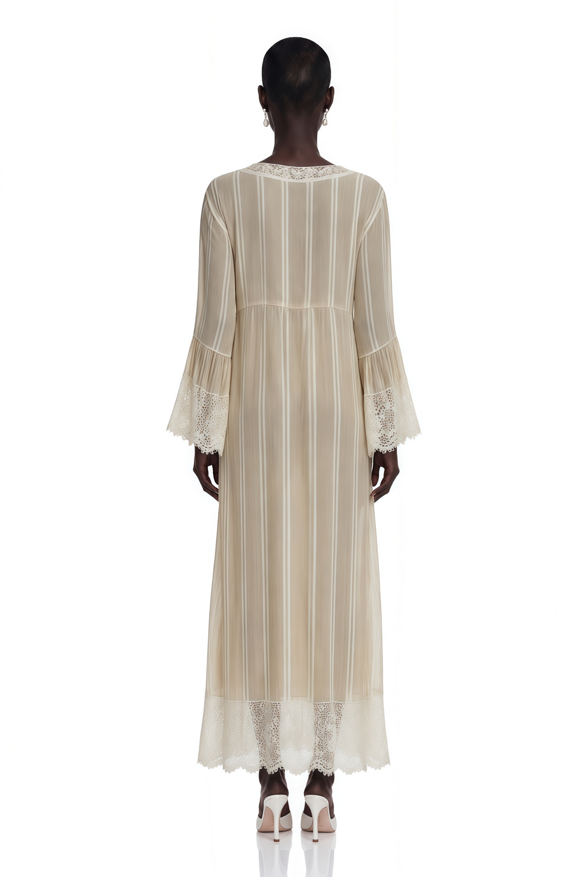 Solene Beige Striped Maxi Dress with Lace Trim