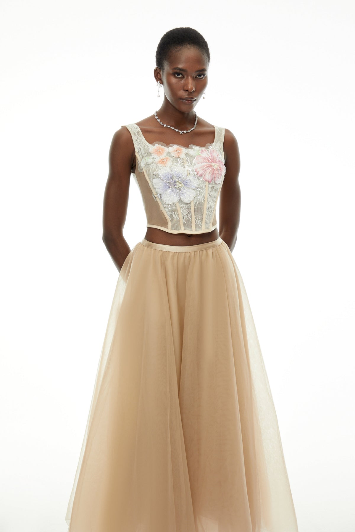 Solveig Champagne 3D Floral Applique Top & Skirt Set (Final Sale)