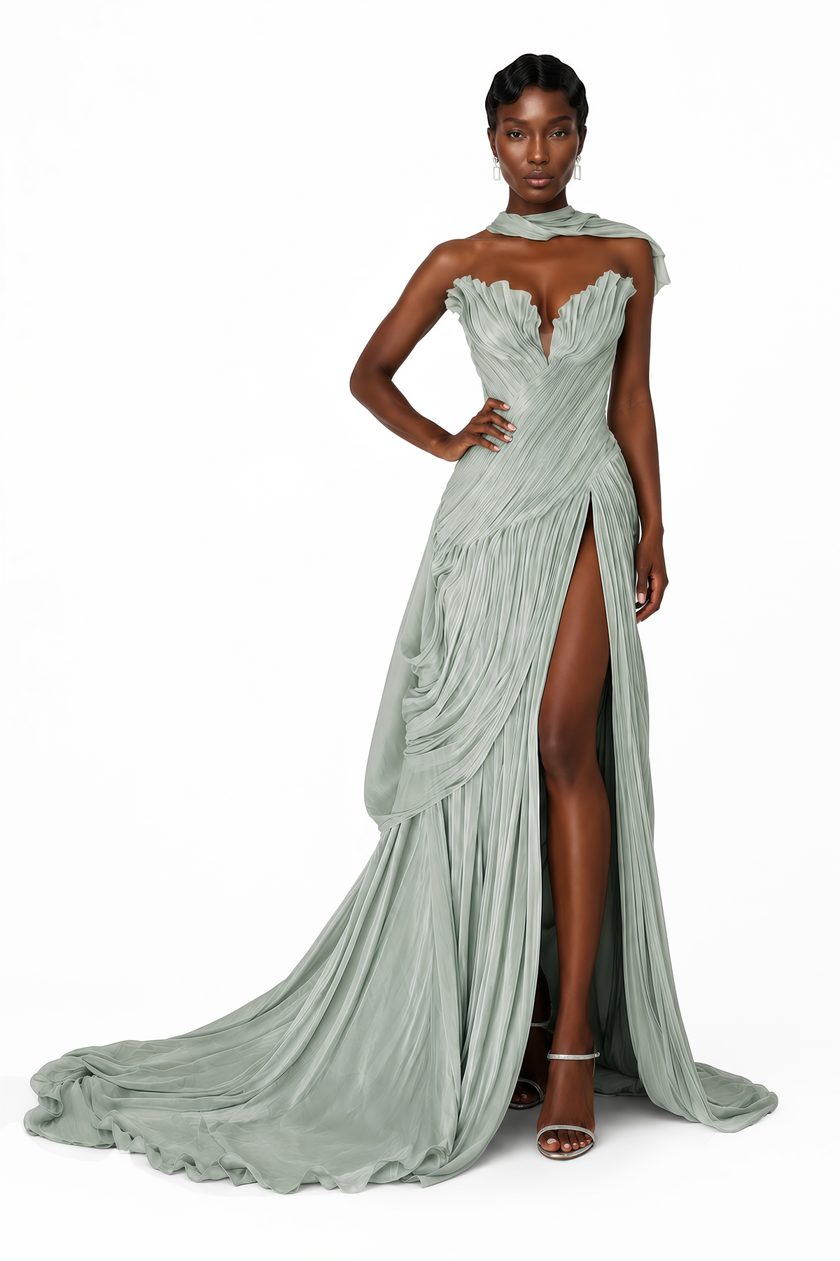 Solveig Green Off Shoulder Pleated Maxi Dress with Hign Slit
