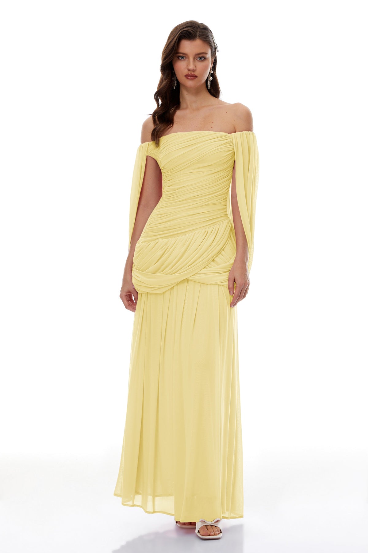Suné Yellow Cross Front Ruched Maxi Dress