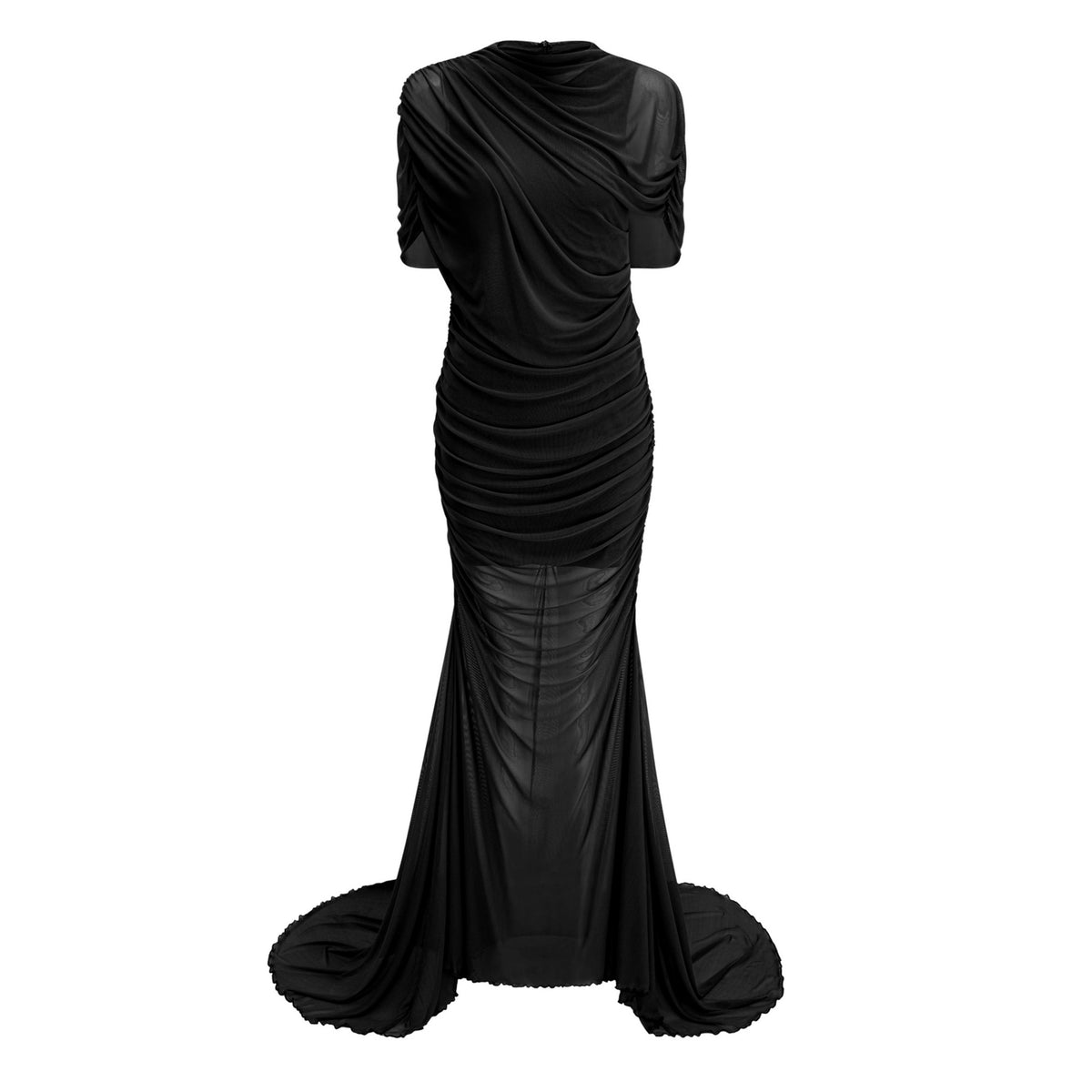 Sylphe Black Asymmetrical Ruched Mesh Maxi Dress