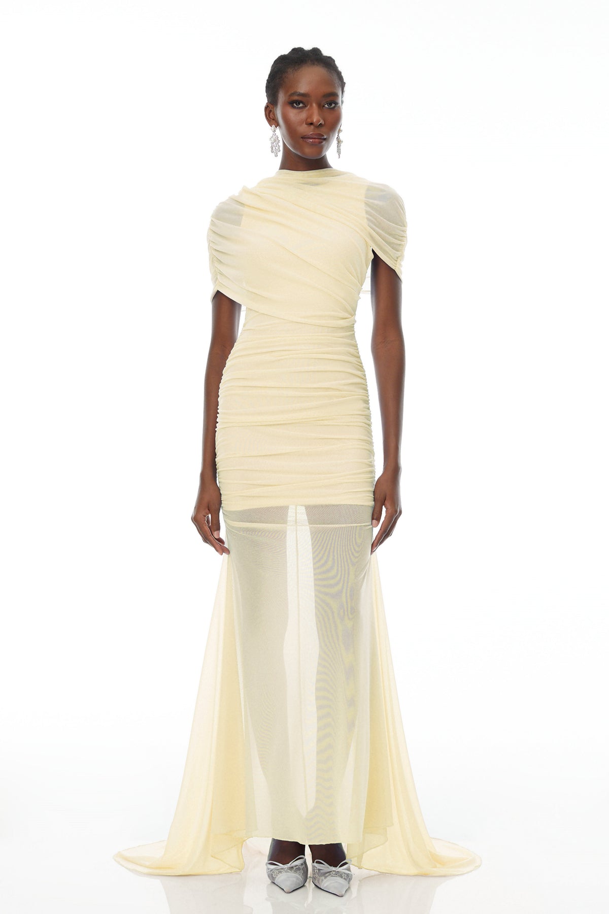 Sylphe Yellow Asymmetrical Ruched Mesh Maxi Dress
