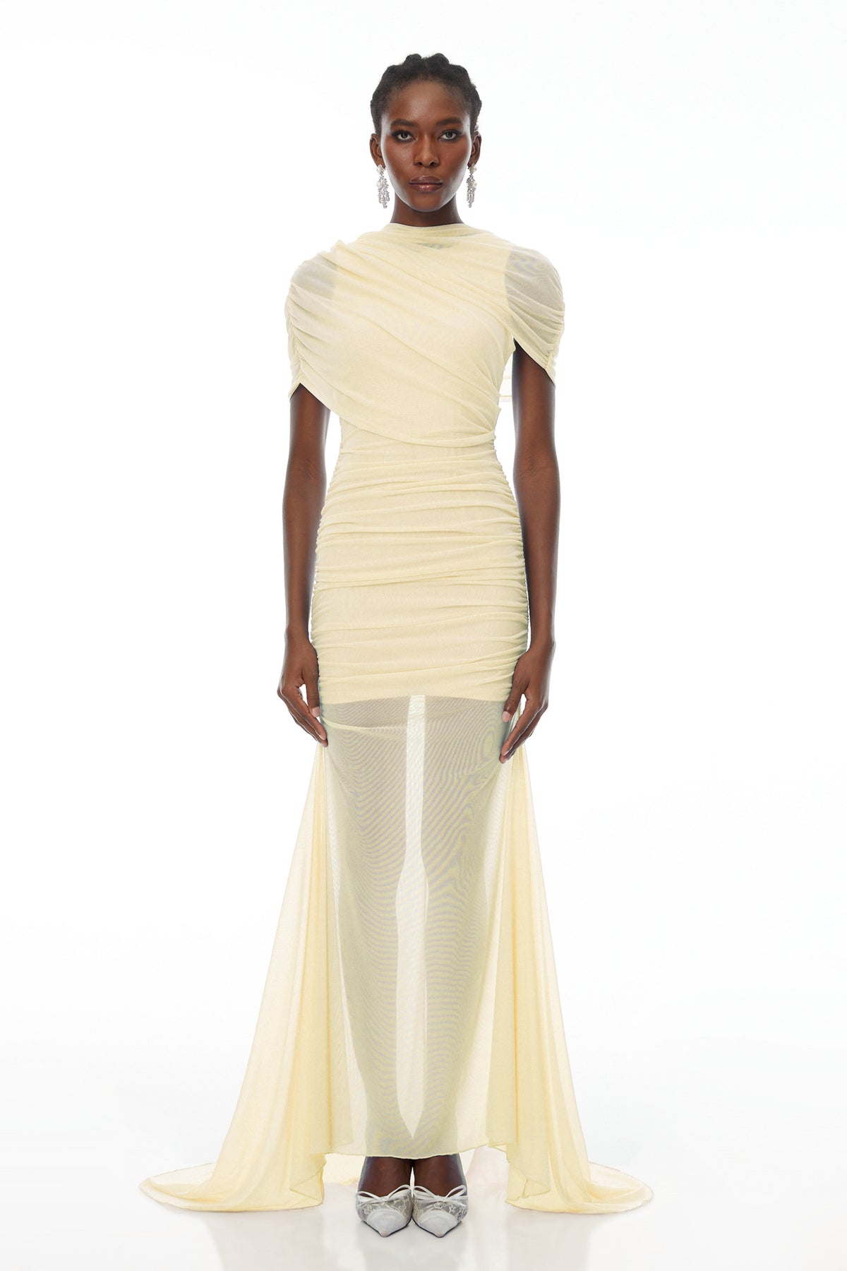 Sylphe Yellow Asymmetrical Ruched Mesh Maxi Dress