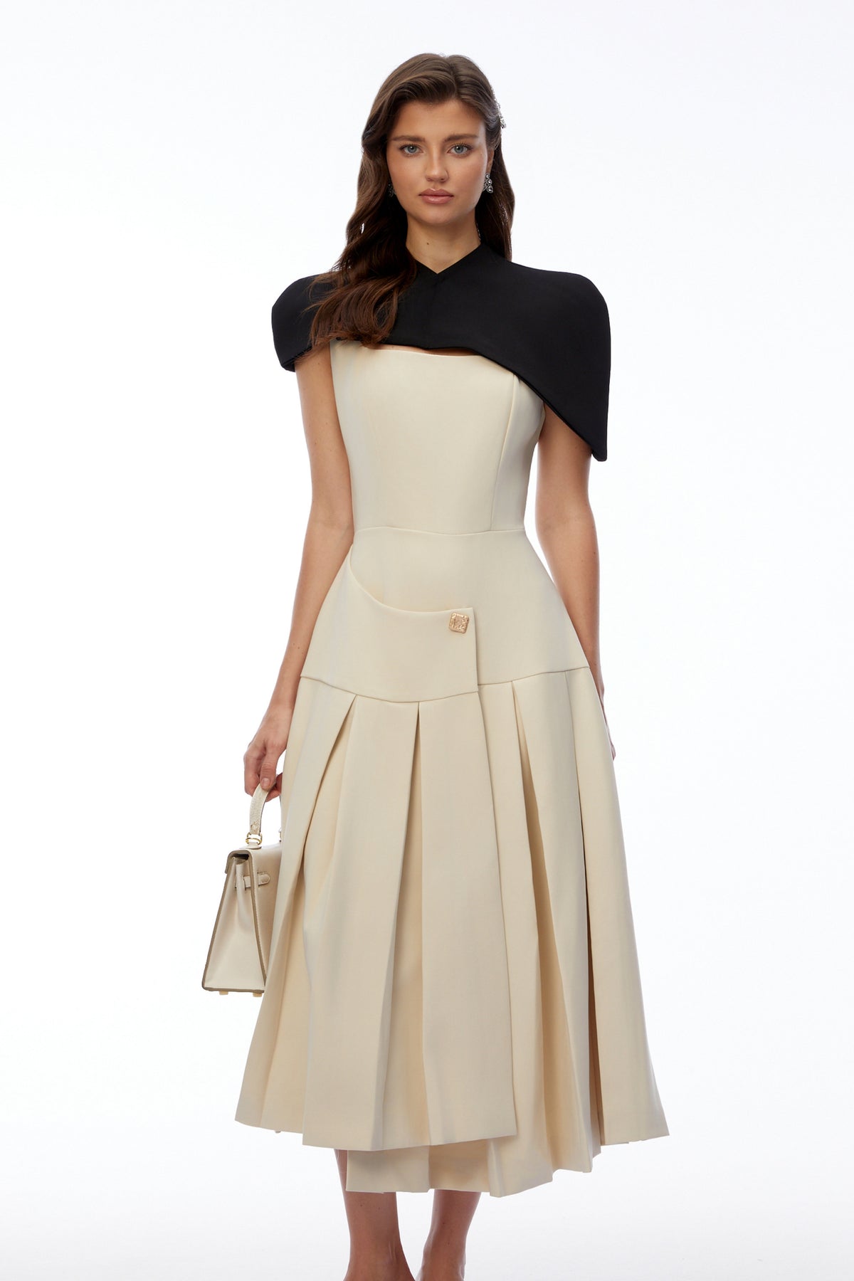 Tangaroa Khaki Cape Pleated Asymmetrical Maxi Dress