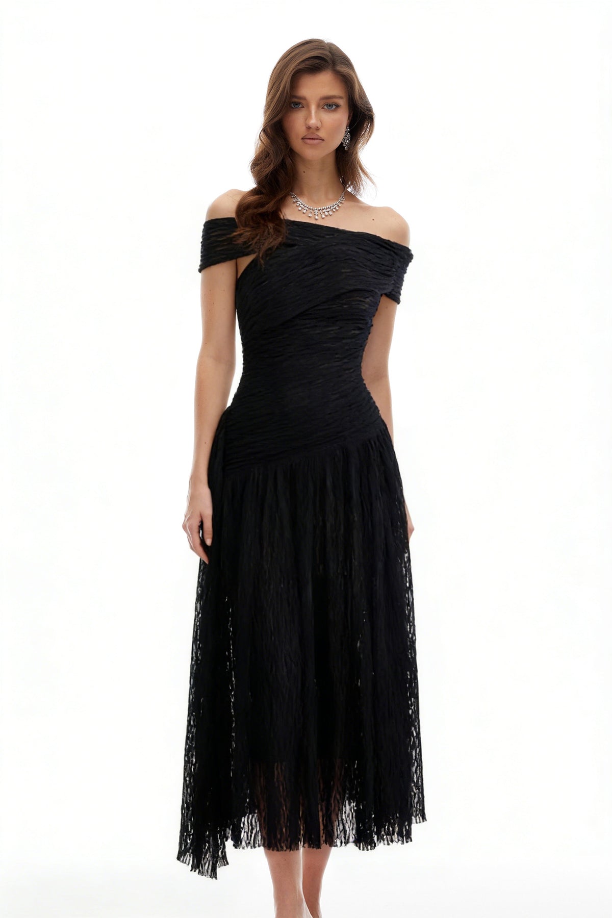 Thale Black Asymmetrical Textured Ruched Midi Dress
