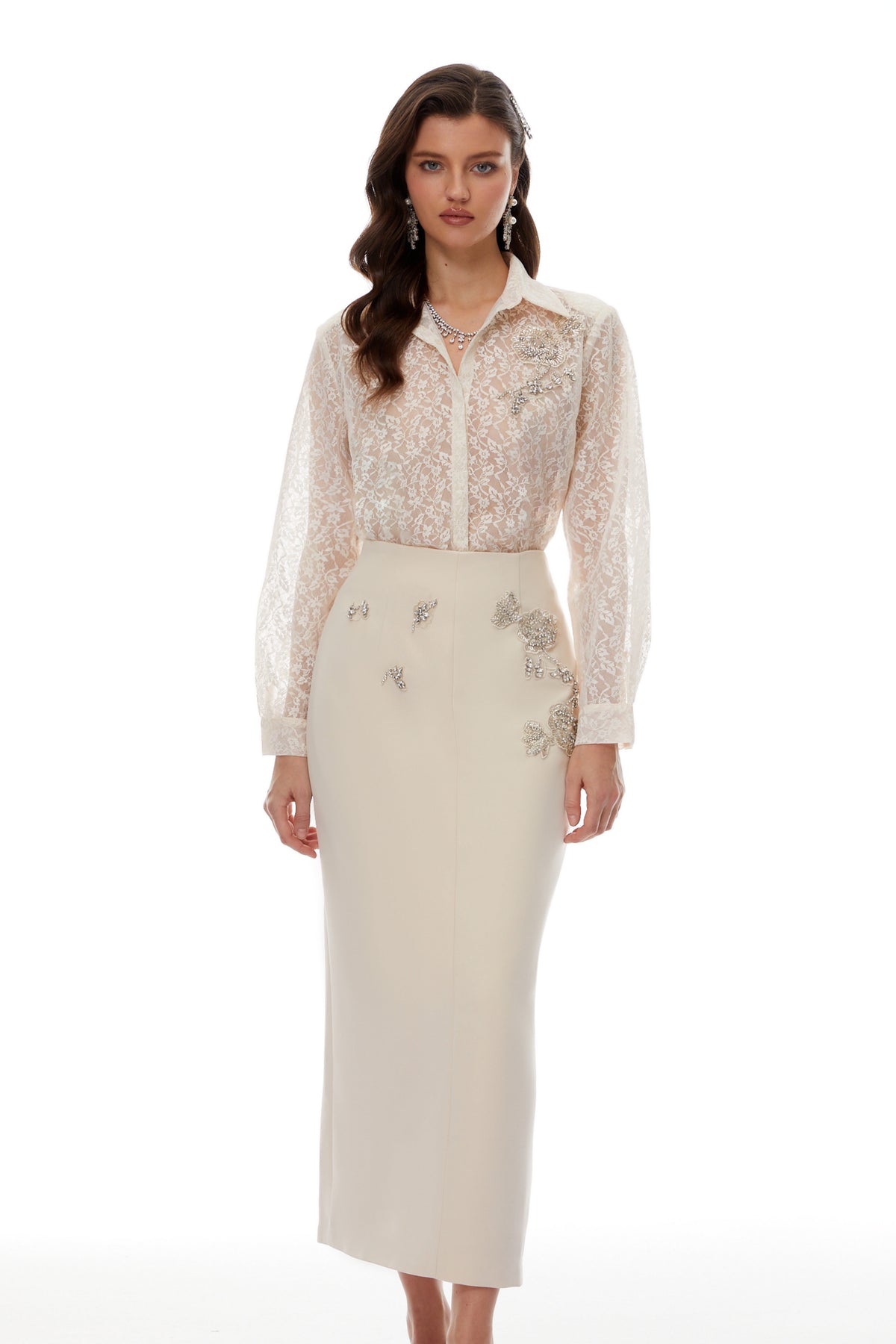 Theresa Neutrals Floral Lace Shirt & Skirt Set