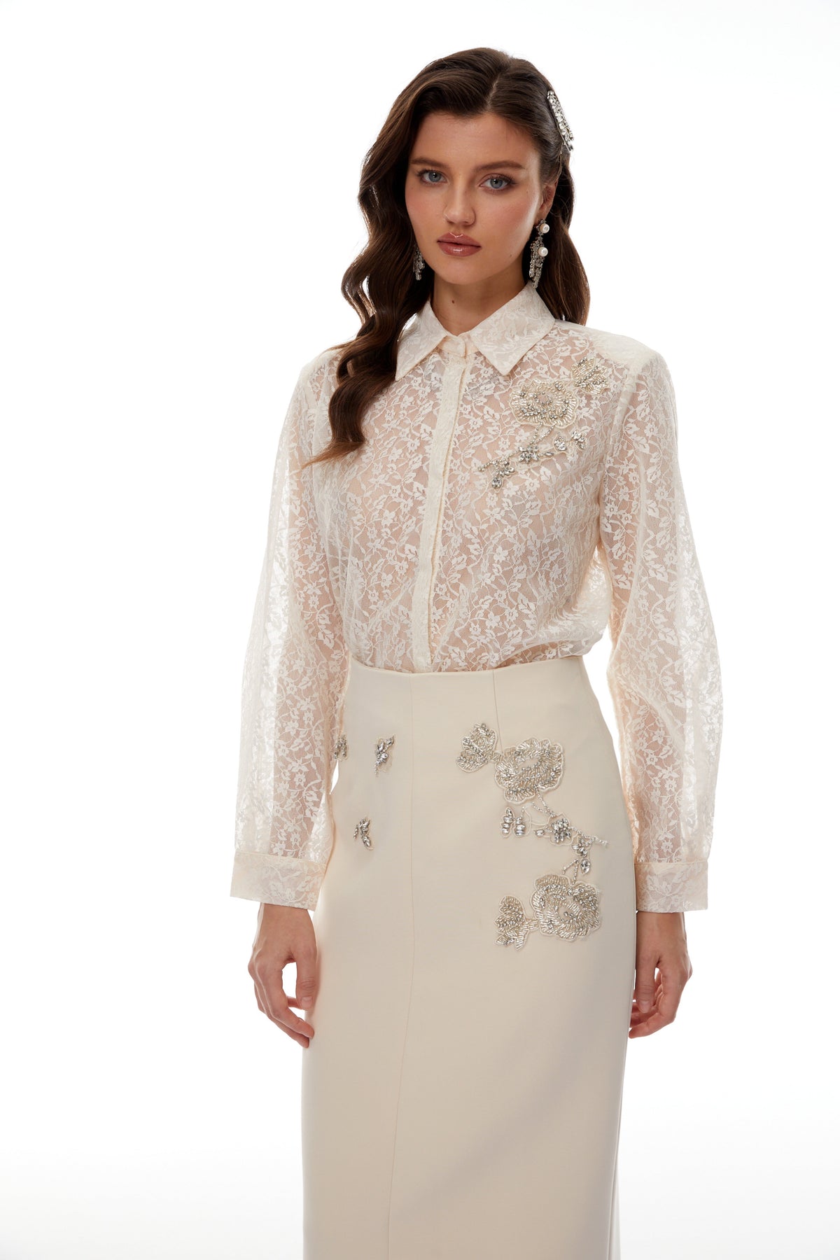 Theresa Neutrals Floral Lace Shirt & Skirt Set