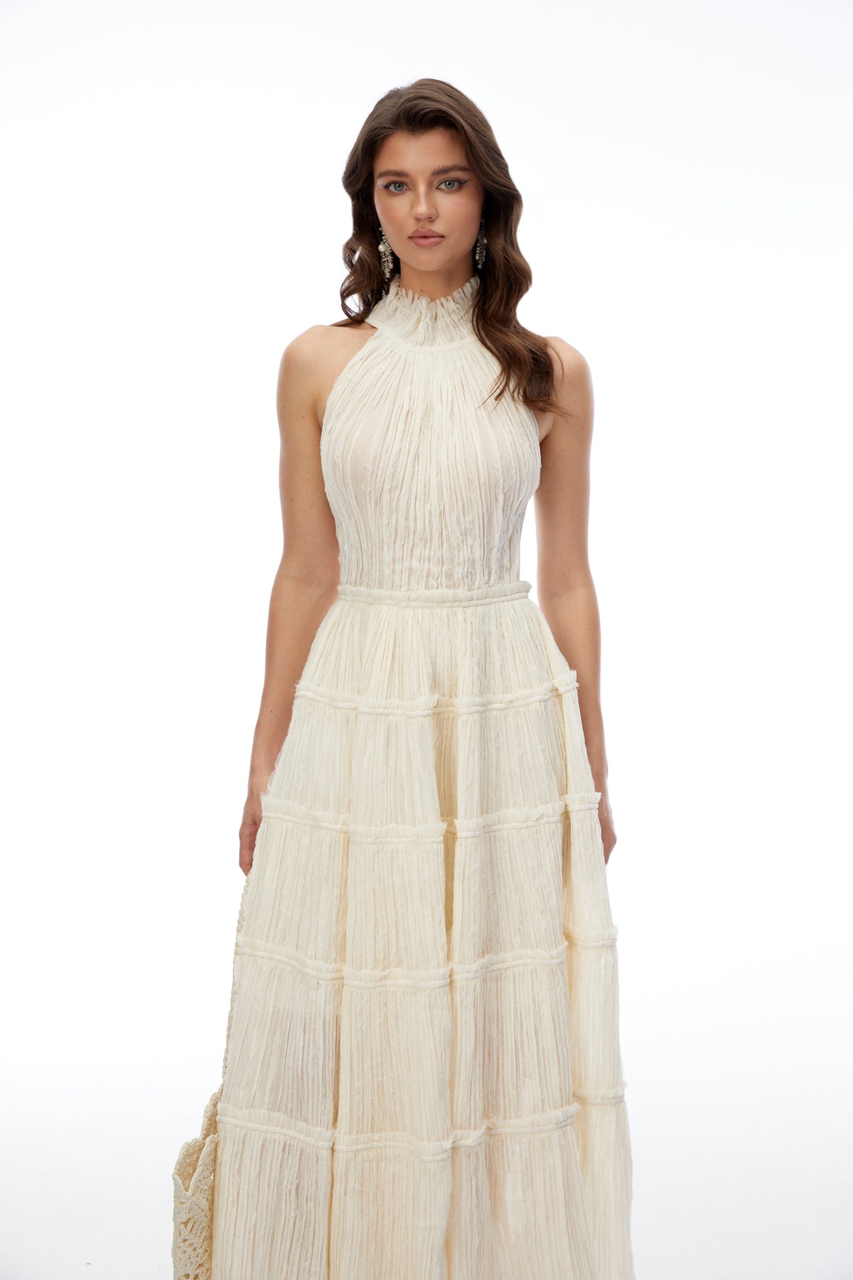 Elizabeth White Halterneck Frilled Maxi Dress