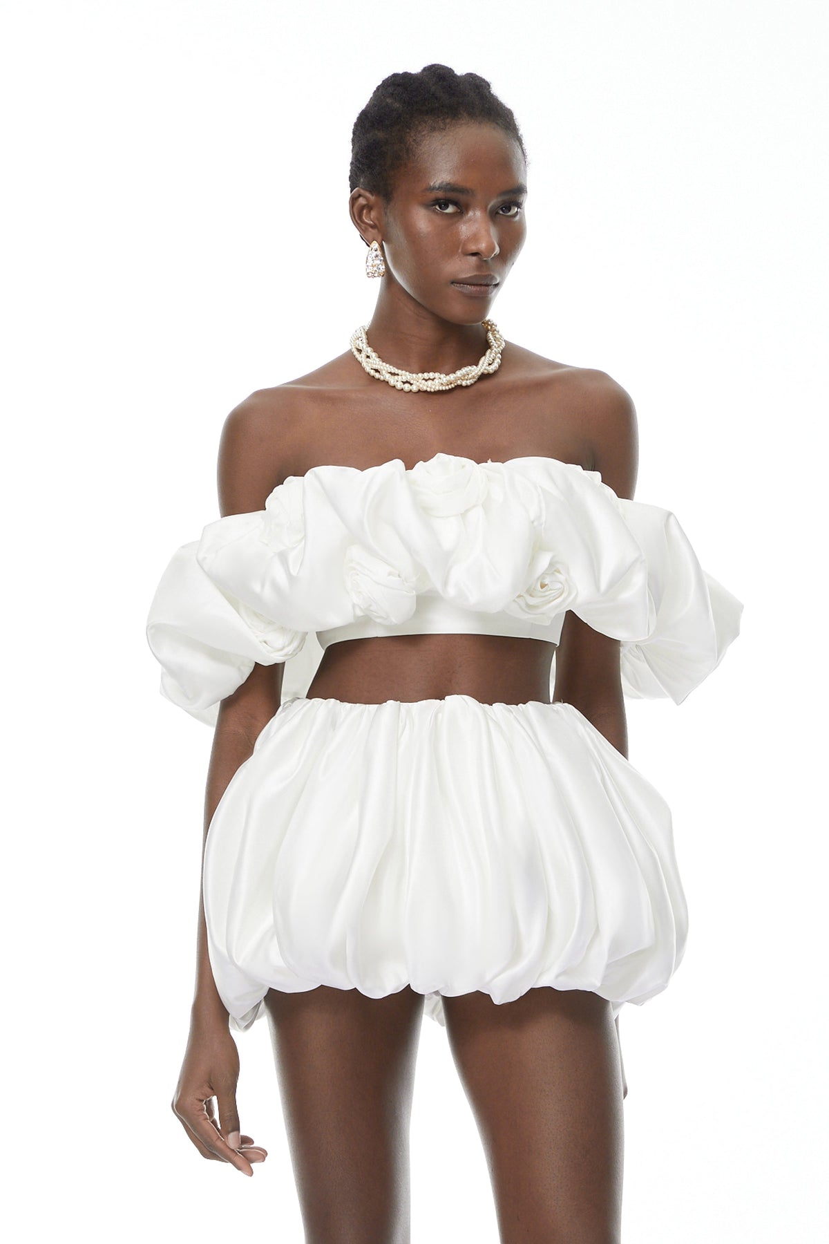 Tiffany White Top & Bubble Short Set with 3D Petals