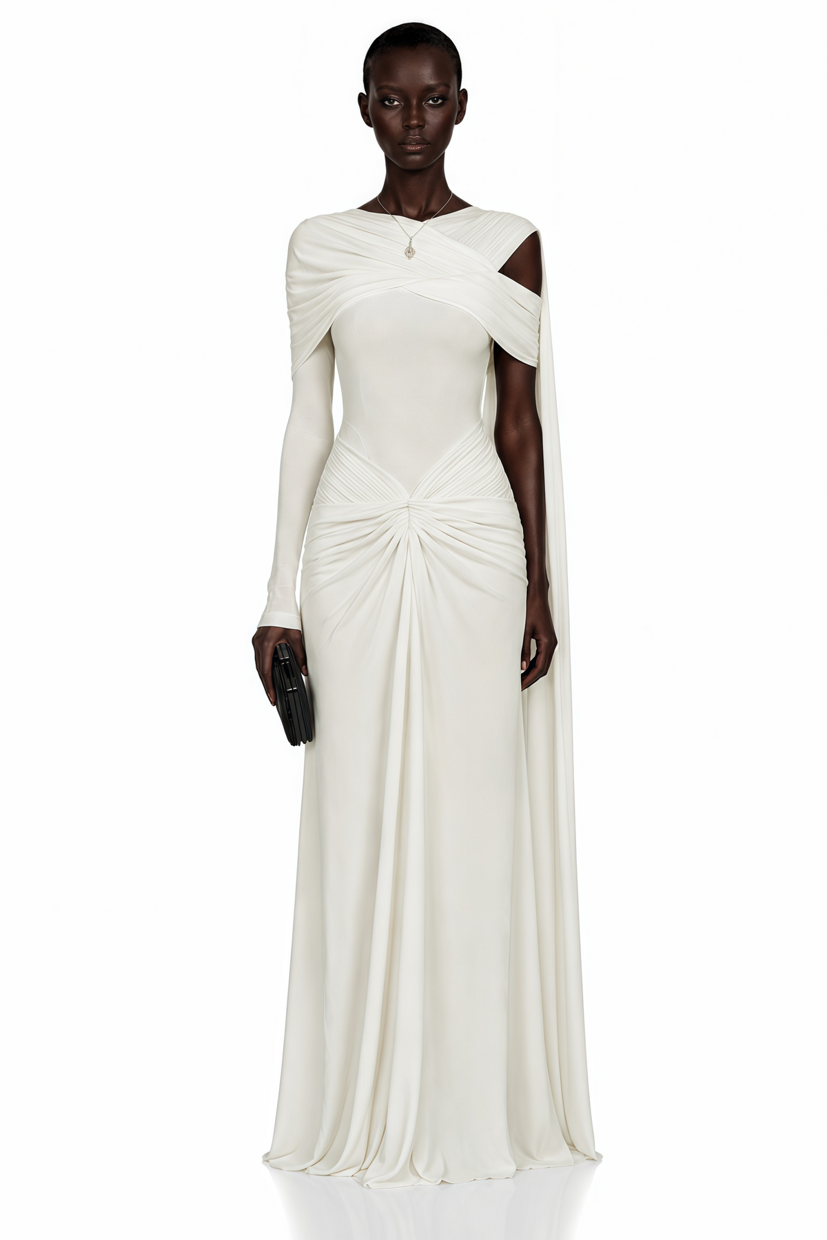 Carina White Asymmetrical Maxi Dress with Cape Sleeves