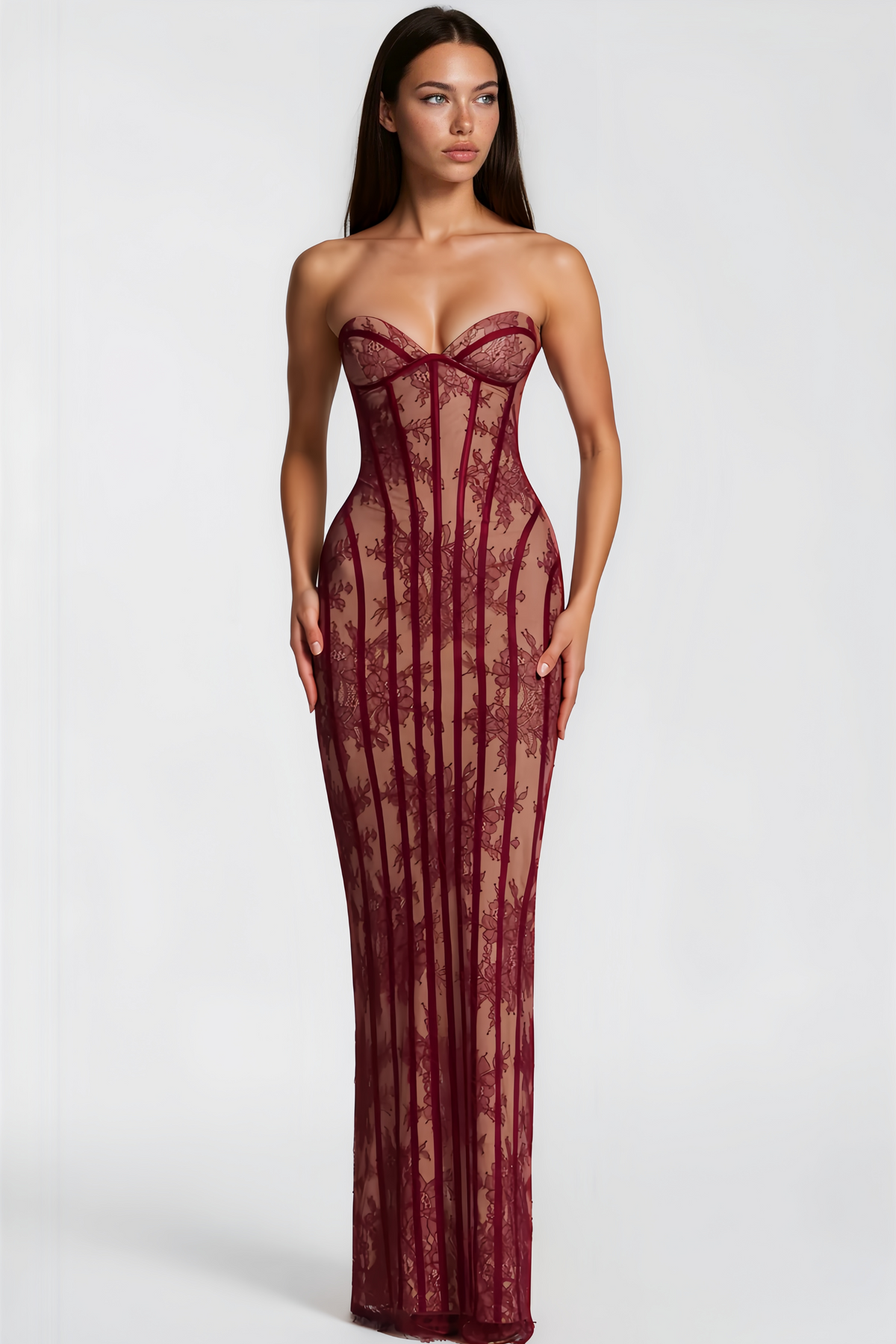 Urszula Red Floral Lace Corset Maxi Dress