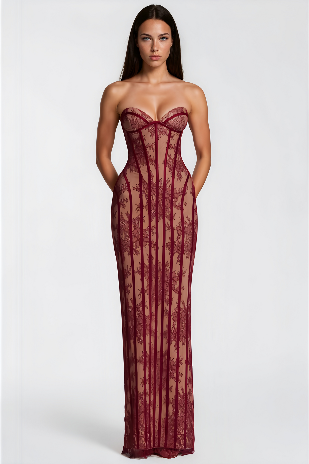Urszula Red Floral Lace Corset Maxi Dress