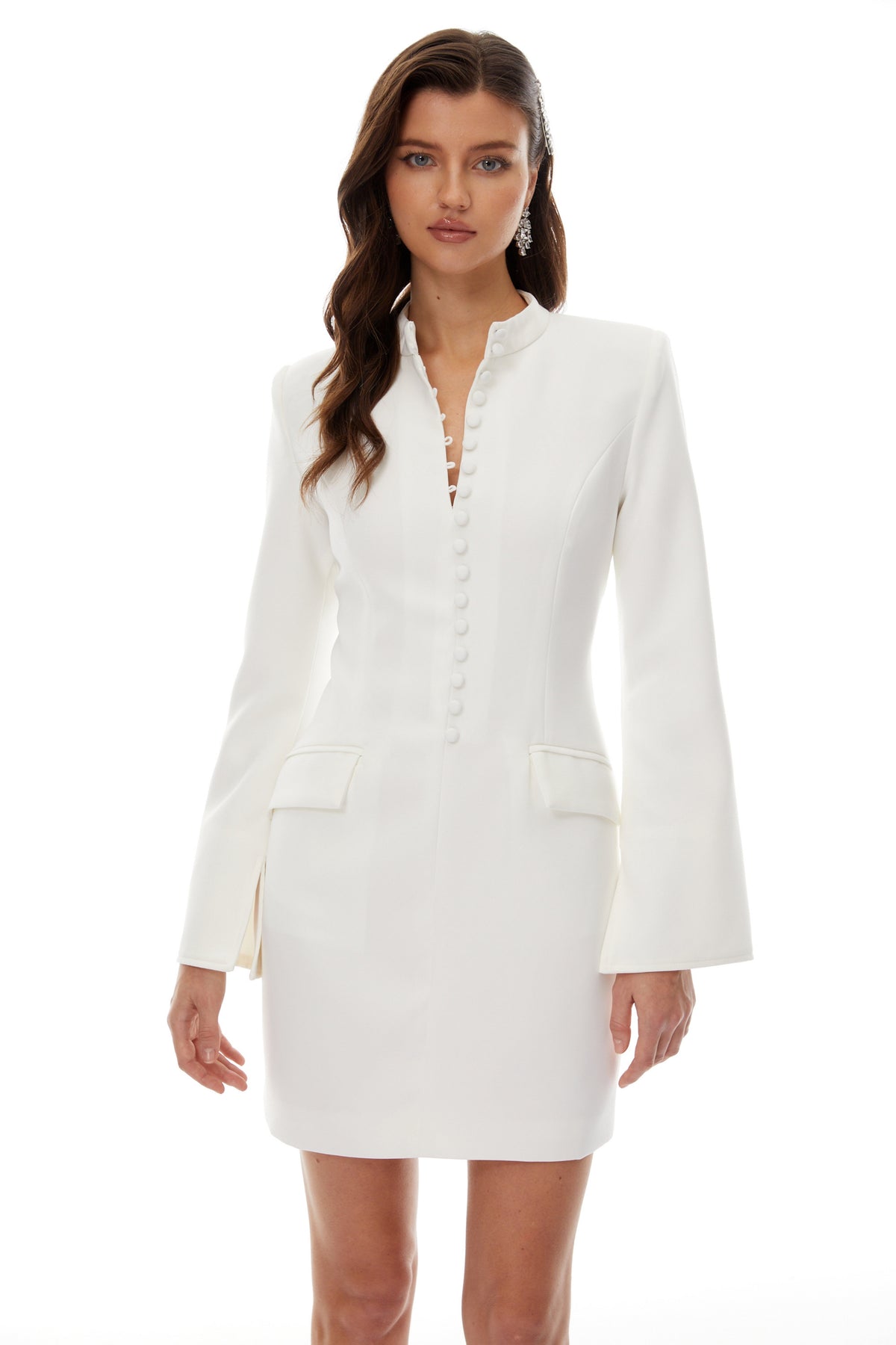 Valeria White Stand Collar Long Sleeves Mini Dress (Final Sale-US Only)