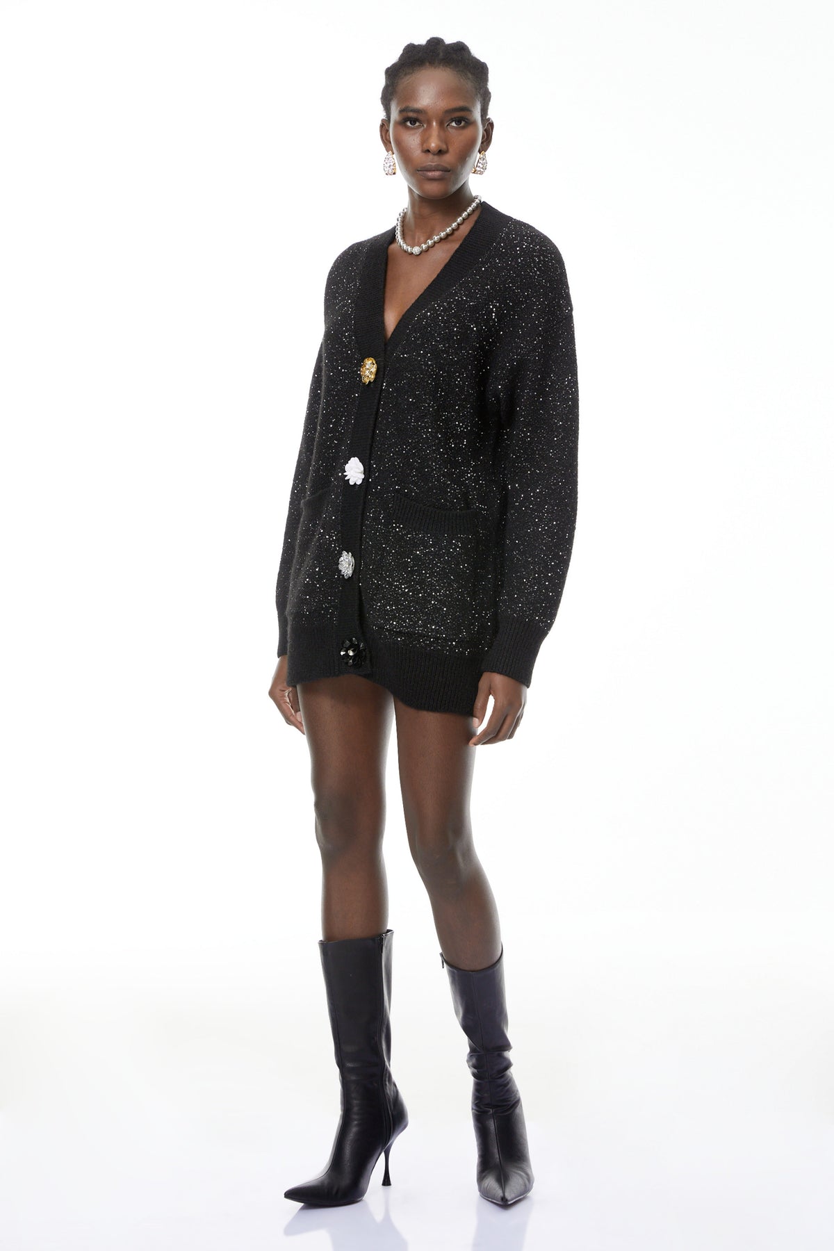 Valérie Black Knit Cardigan with Floral Buttons