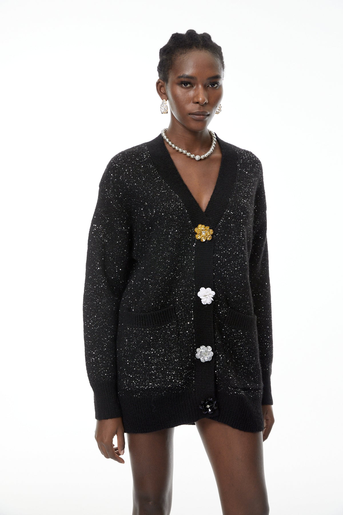 Valérie Black Knit Cardigan with Floral Buttons