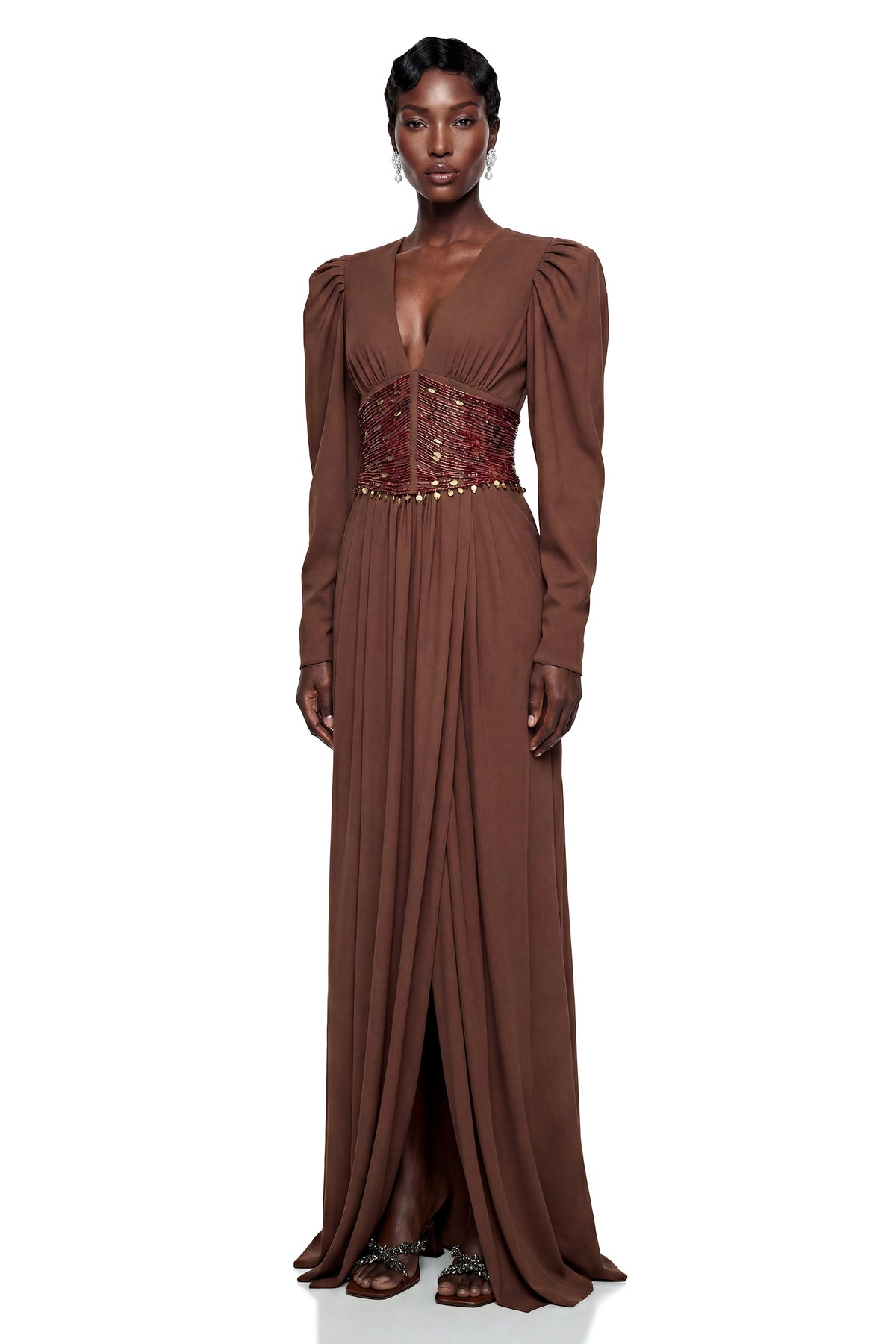 Vasilisa Brown Deep V-Neck Ruched Maxi Dress