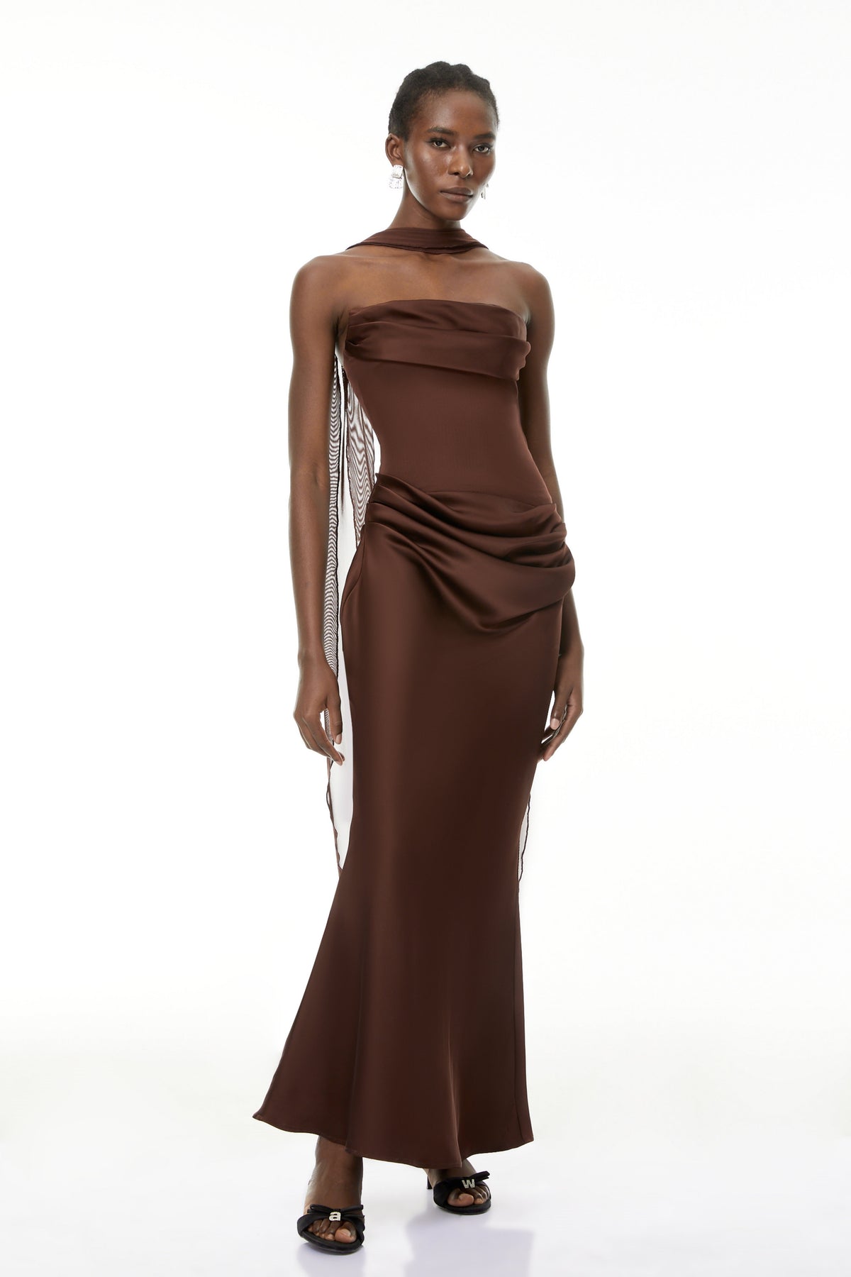 Vedette Brown Ruched Corset Maxi Dress (Without Gloves)