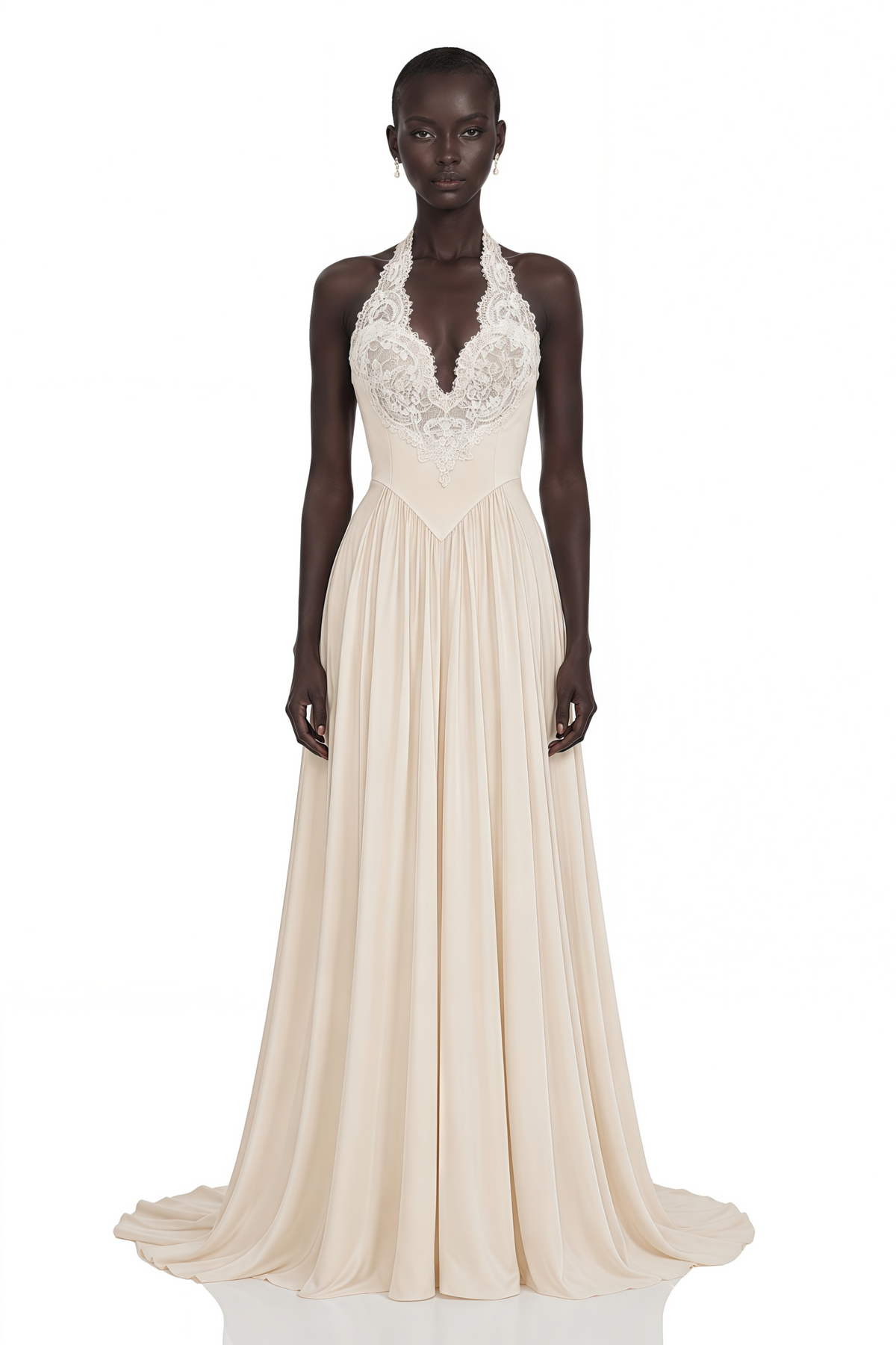 Veronique Champagne V-Neck Satin Maxi Dress with Train