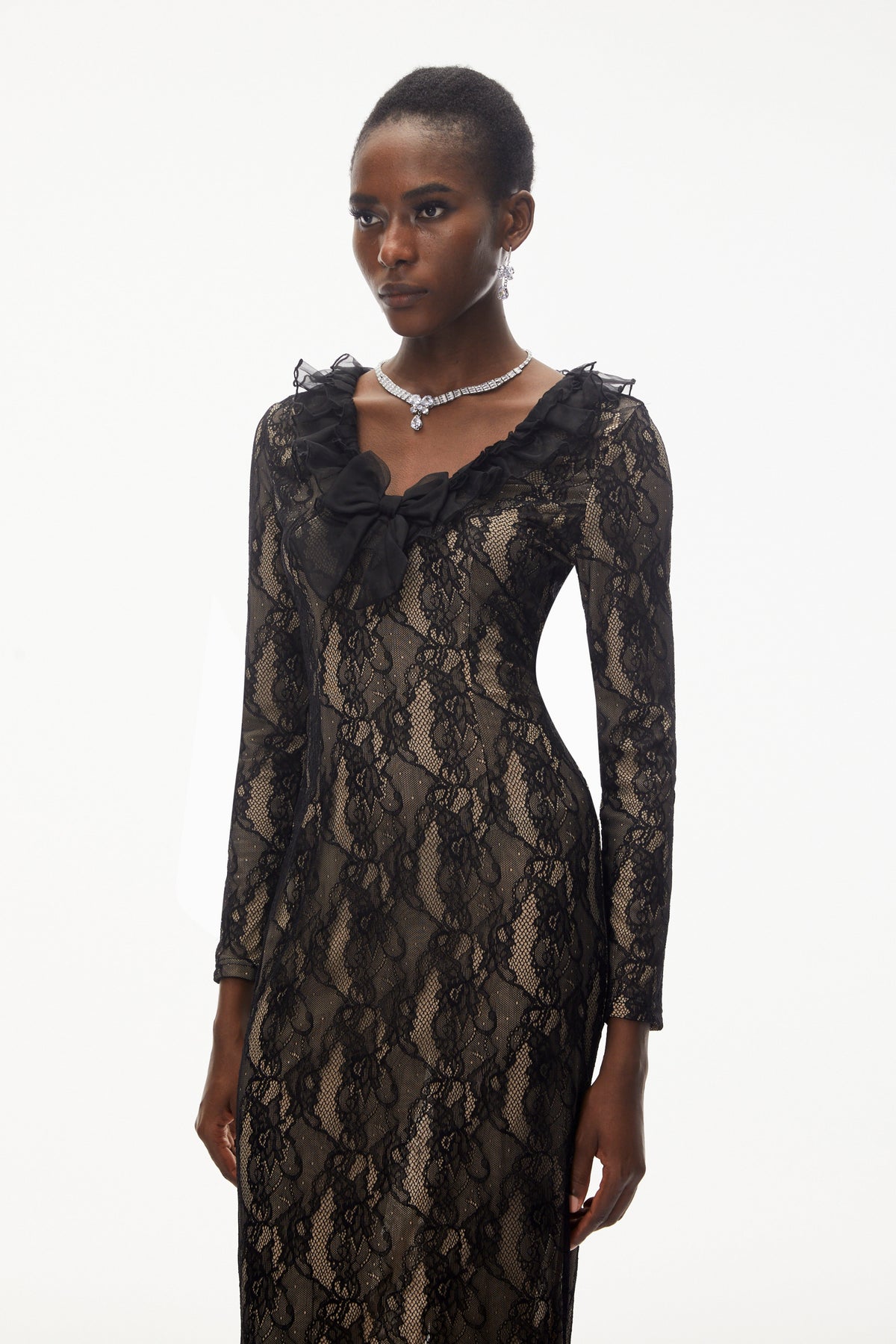 Vesna Black Ruffled Lace Midi Dress