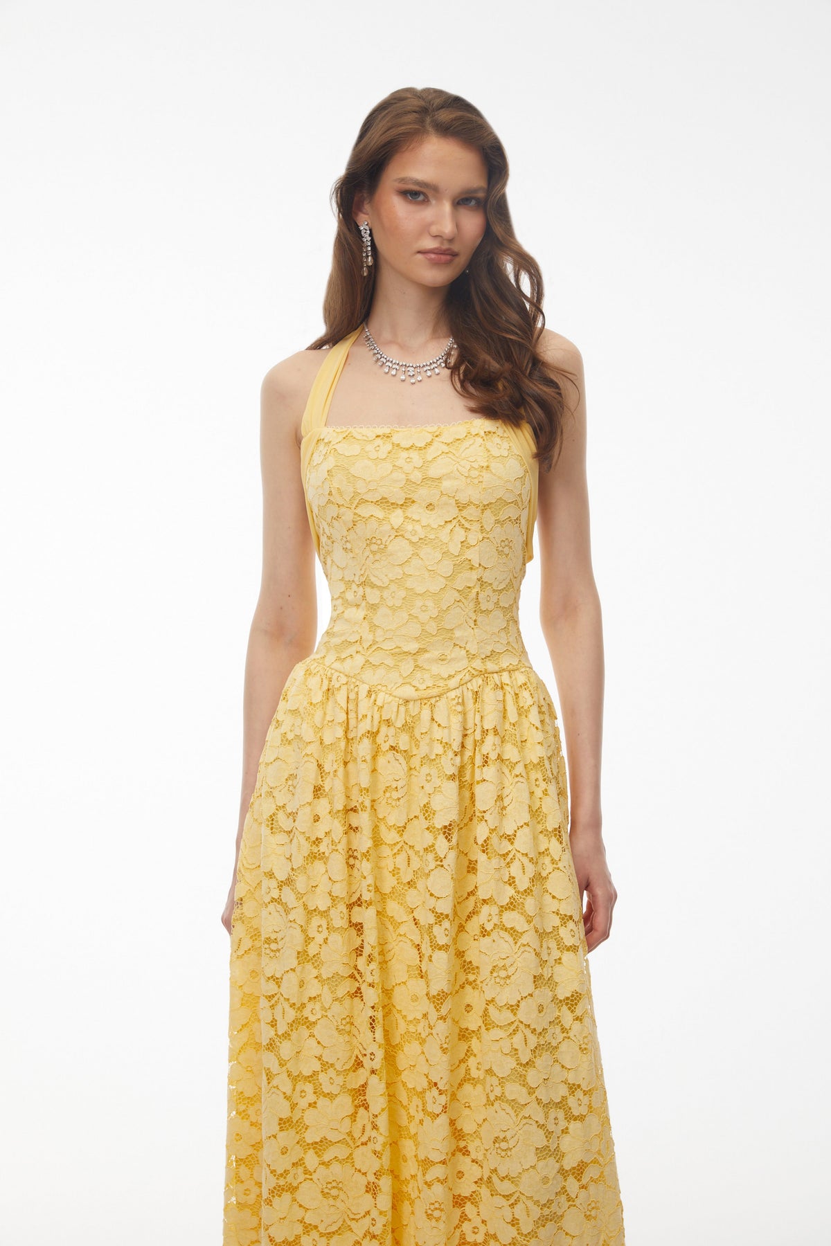 Victoria Butter Yellow Floral Lace Halterneck Midi Dress