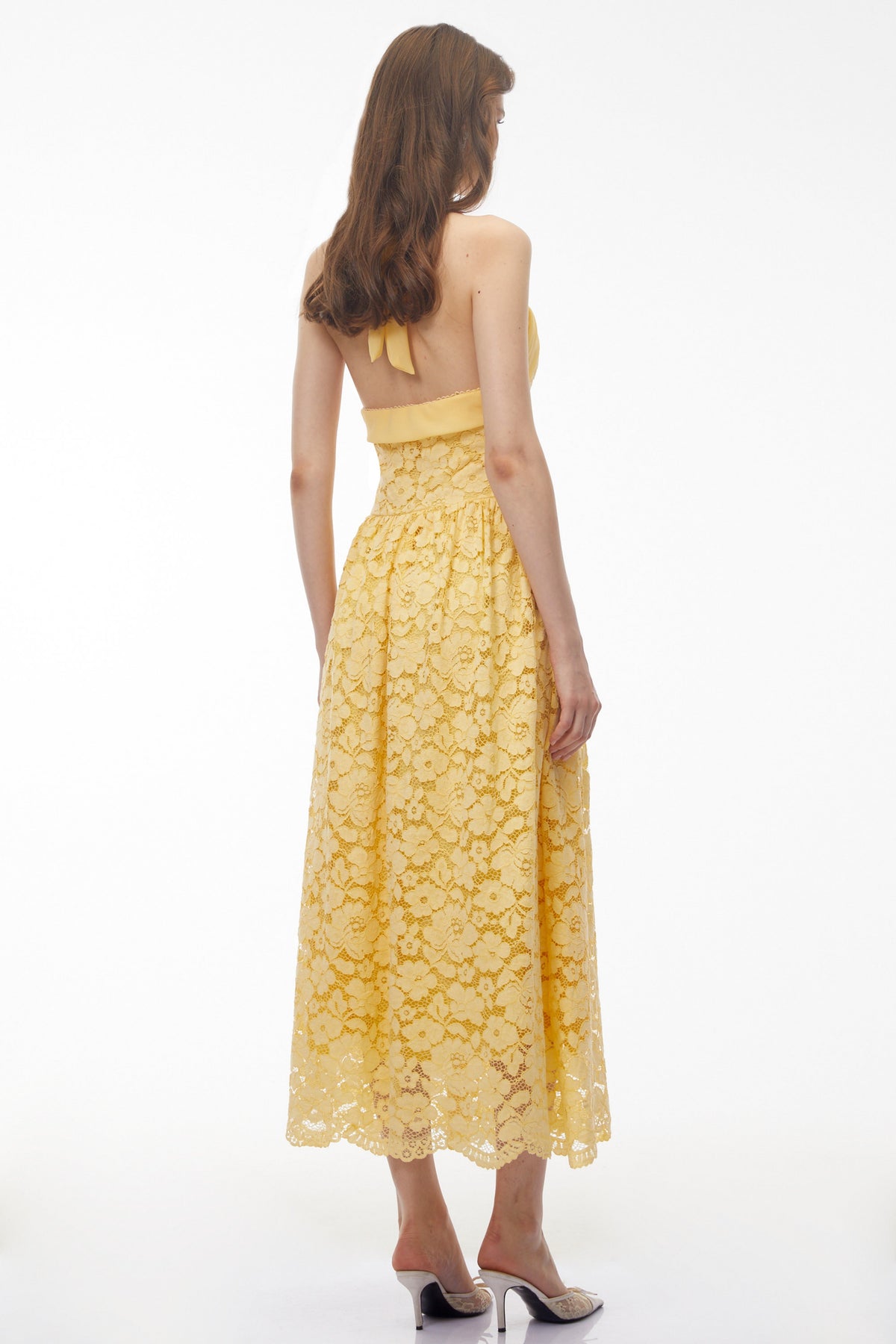 Victoria Butter Yellow Floral Lace Halterneck Midi Dress