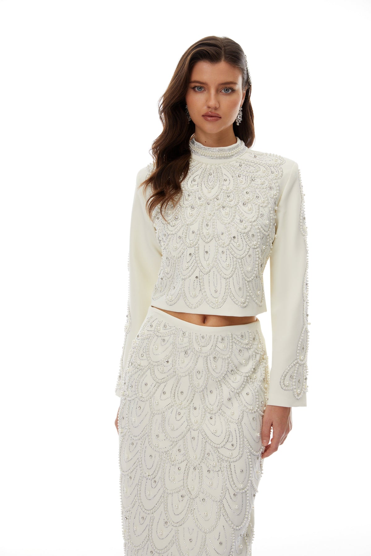 Vigdís White Bead Embellished Blouse & Skirt Set