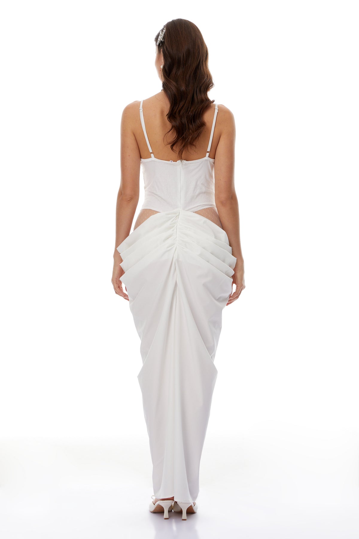 Viktoria White Semi-Sheer Lace Panel Maxi Dress
