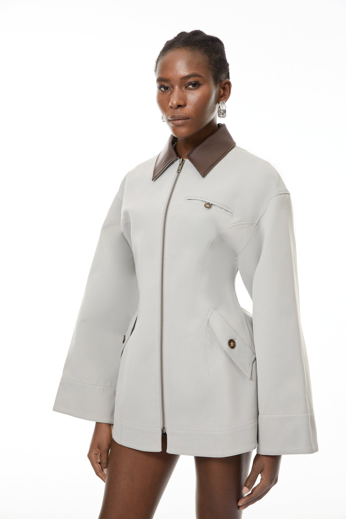 Vilma Grey Leather Collar Hunting Jacket
