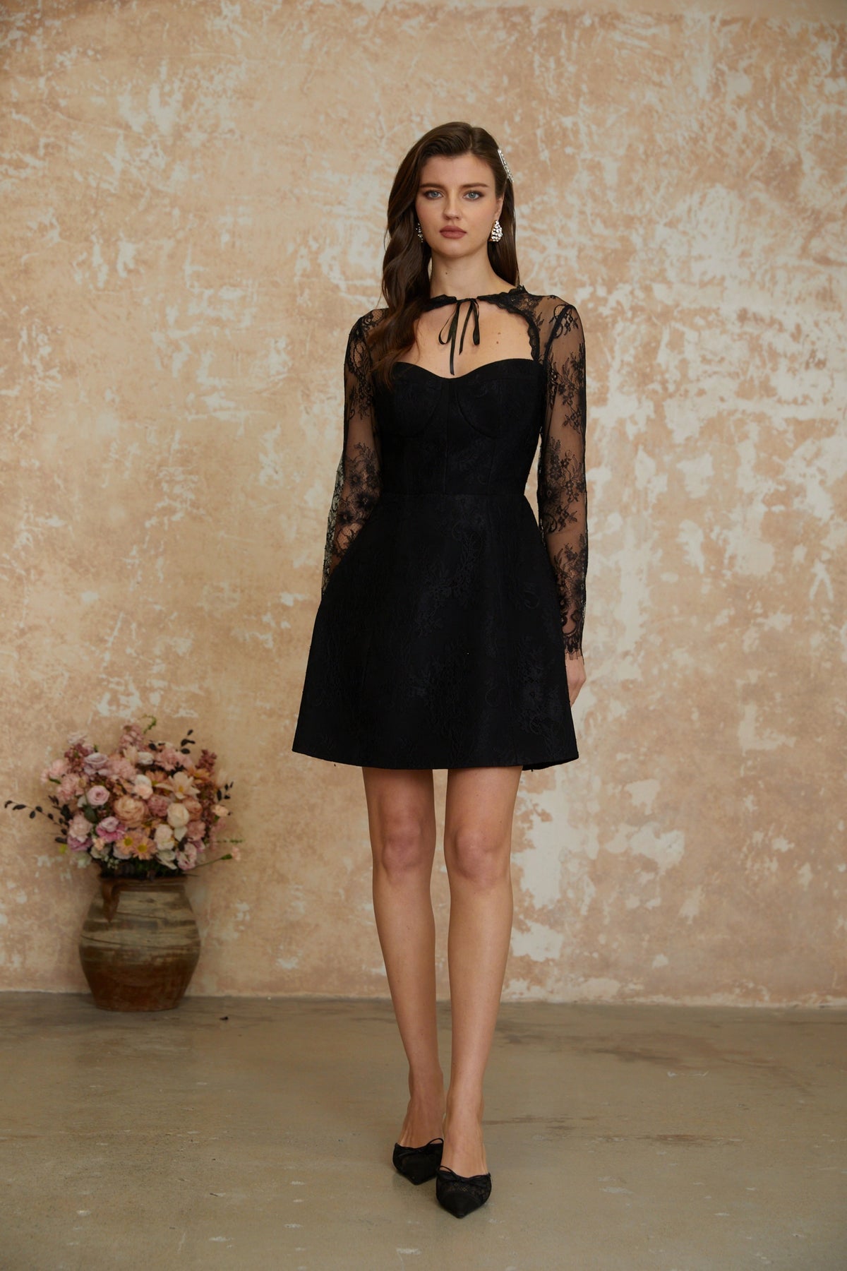 Violet Black Floral Lace Cape & Dress Matching Set