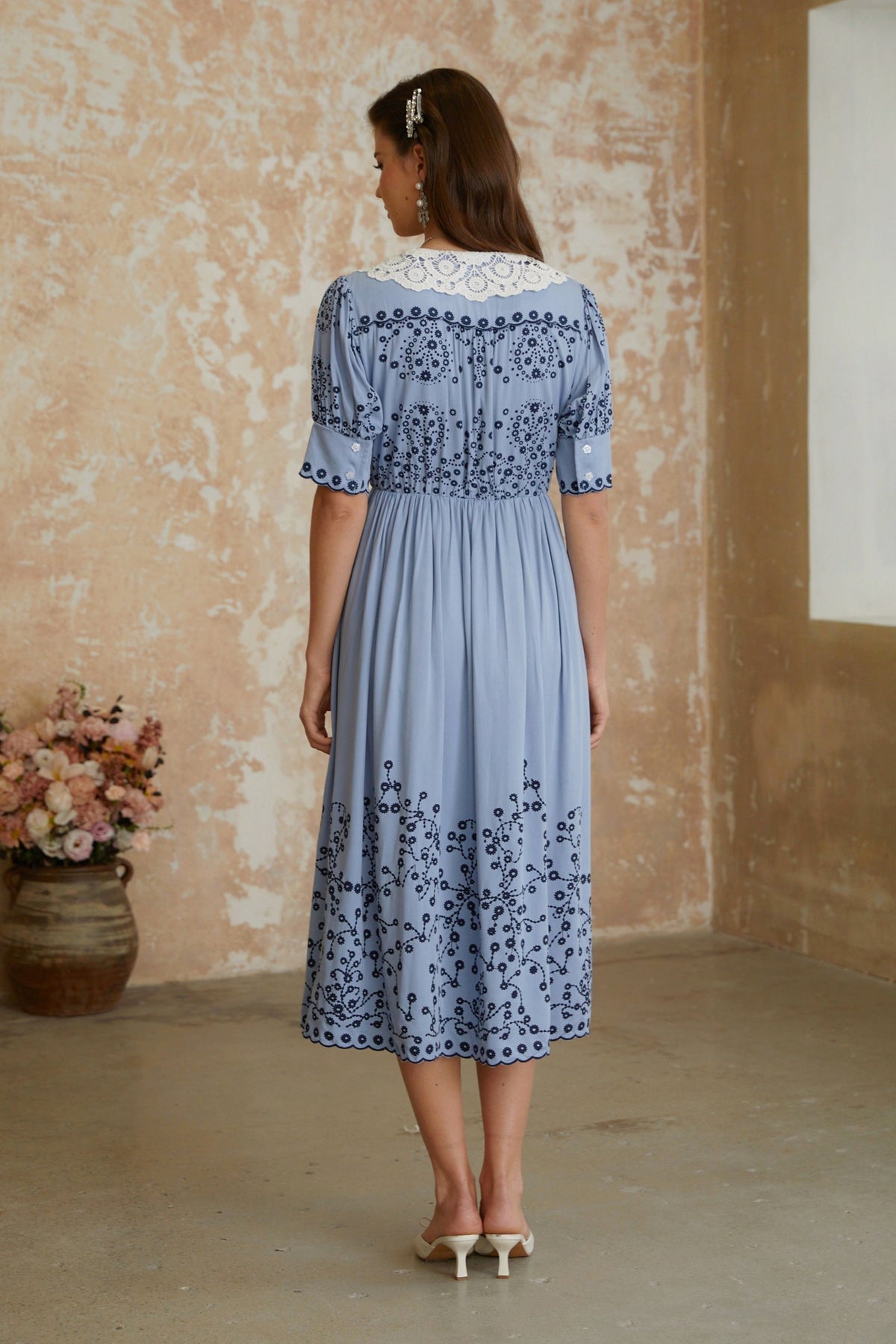 Violet Blue Floral Embroidered Midi Dress with Lace Lapels