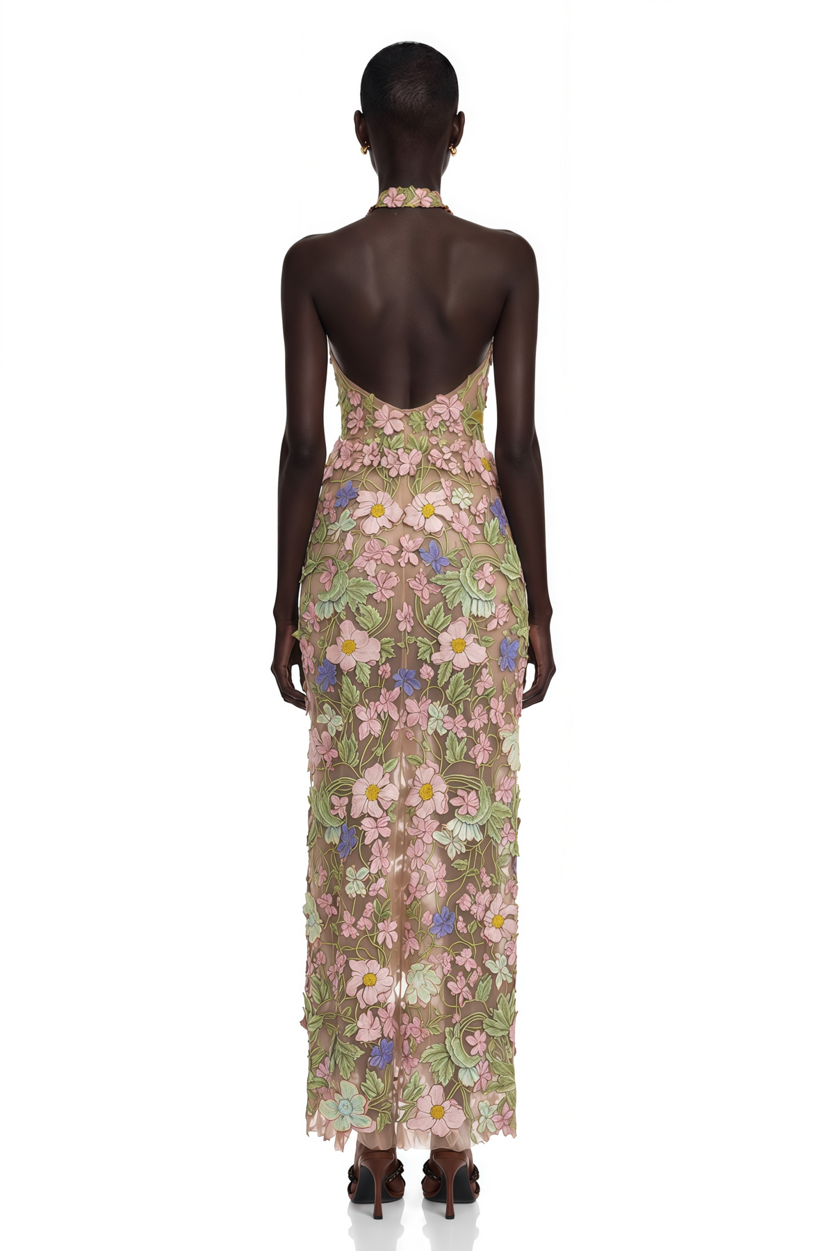 Violette Nude Halterneck Maxi Dress with 3D Florals
