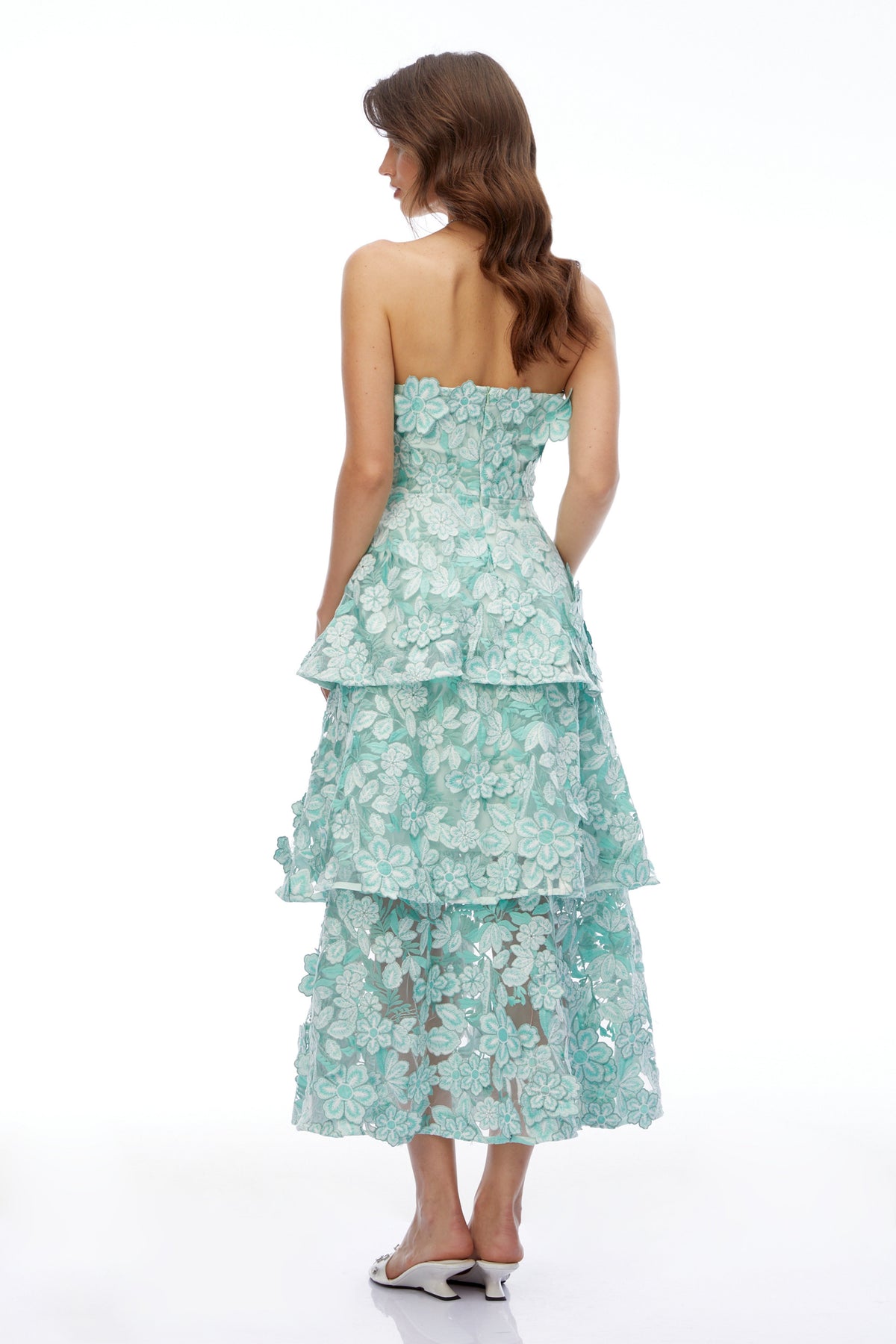 Viviana Green Tiered Midi Dress with 3D Florals