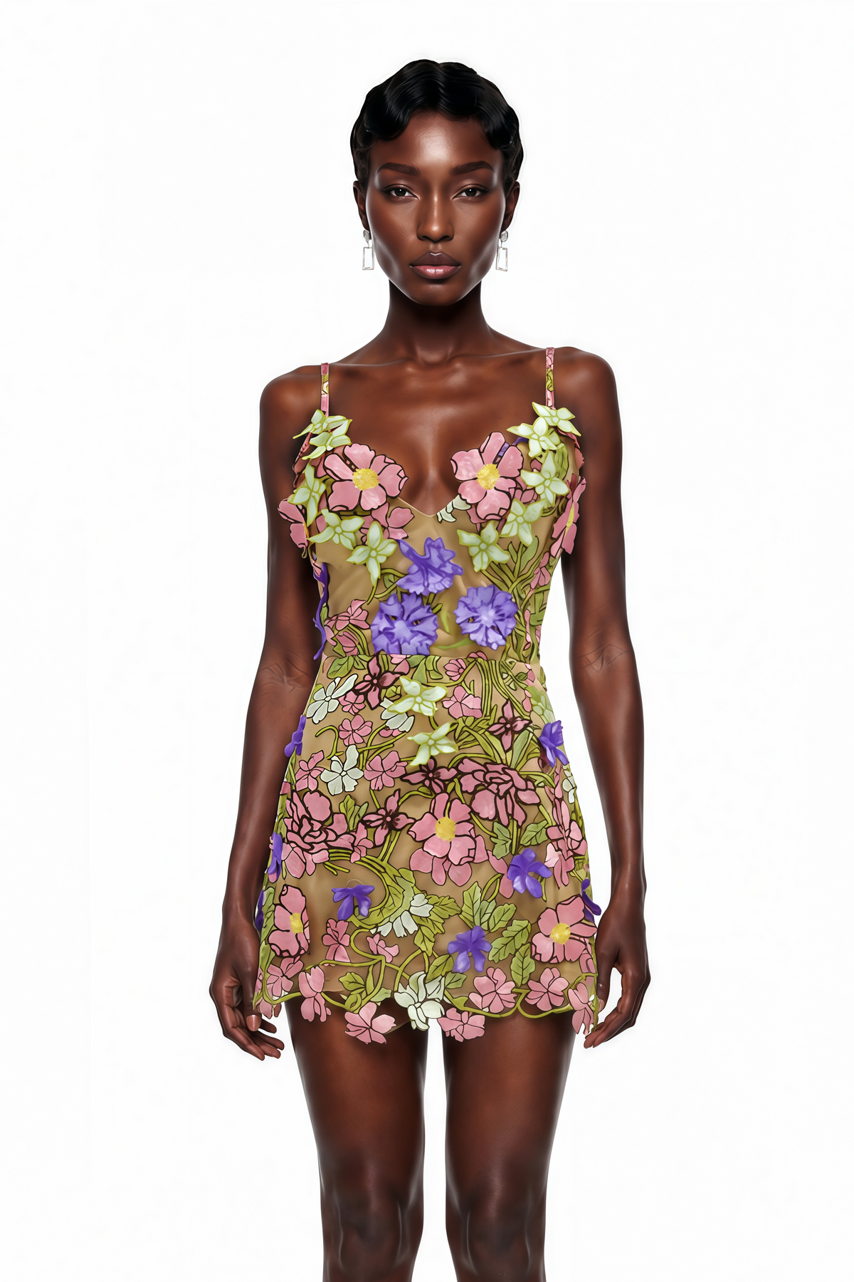 Wakatipu Green V-Neck Mini Dress with 3D Florals
