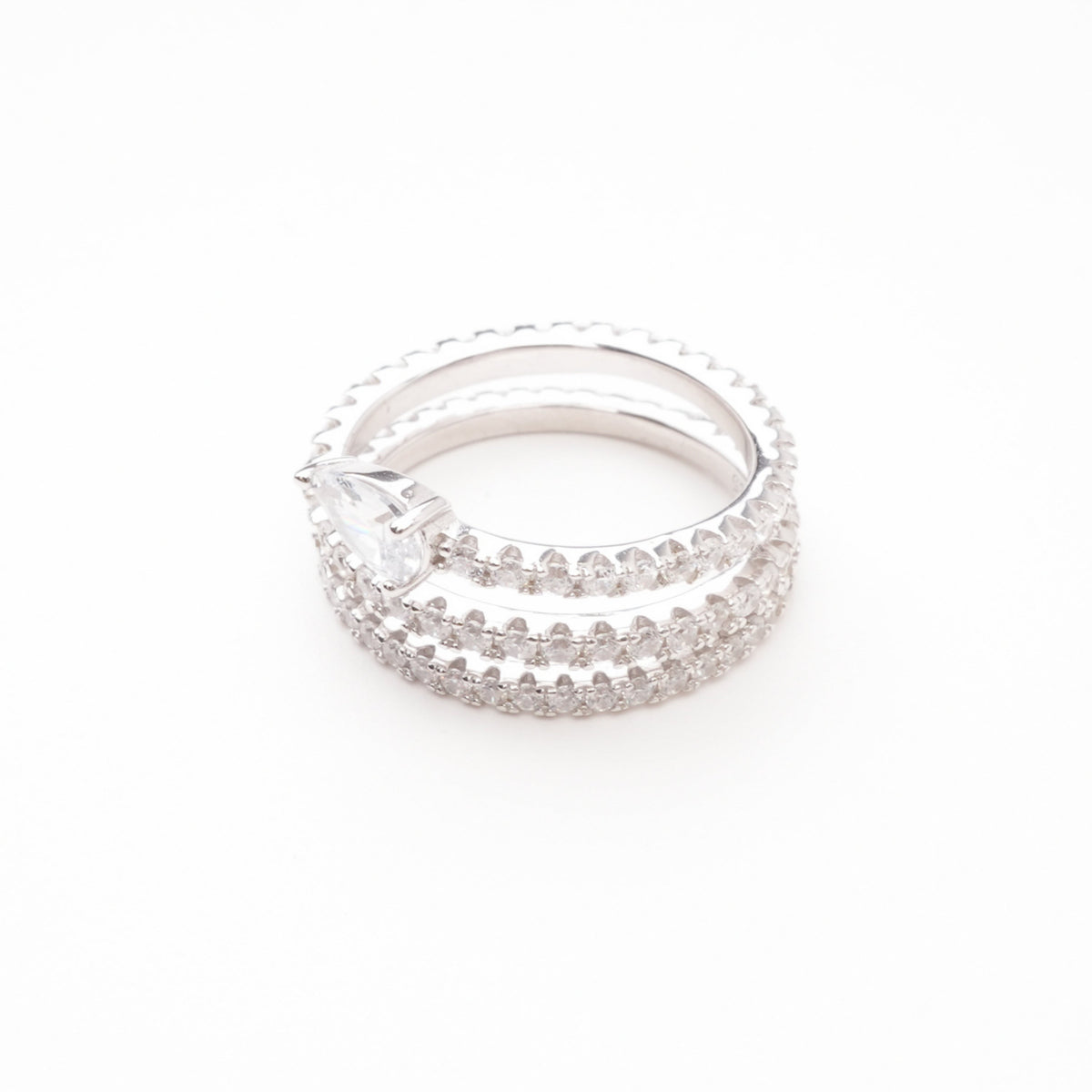 Lys White Pear Cut Gemstone Double Band Crystal Sterling Silver Ring