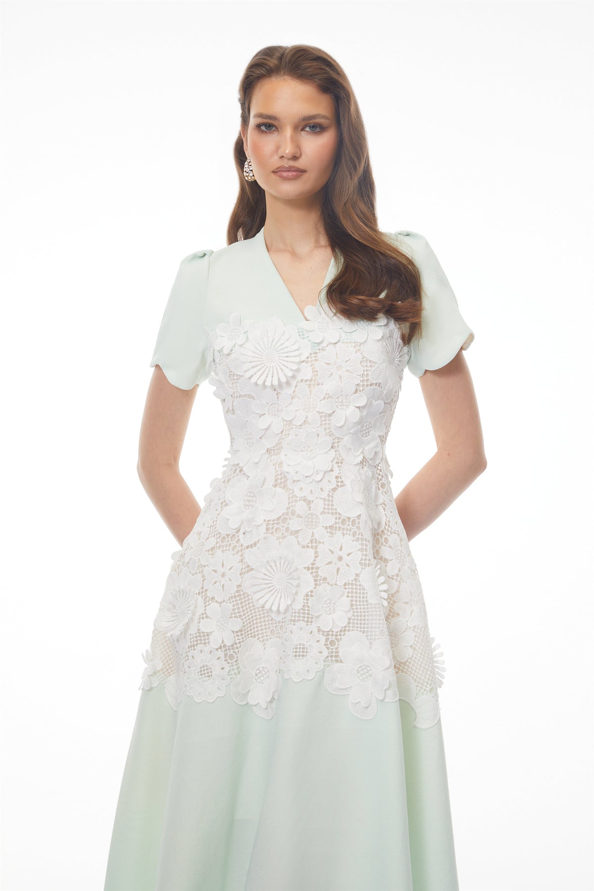 Winifred Mint Green V-Neck Midi Dress with Puff Sleeves