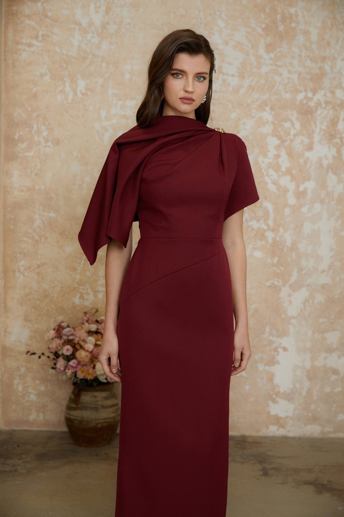 Wren Burgundy Asymmetrical Cape Maxi Dress
