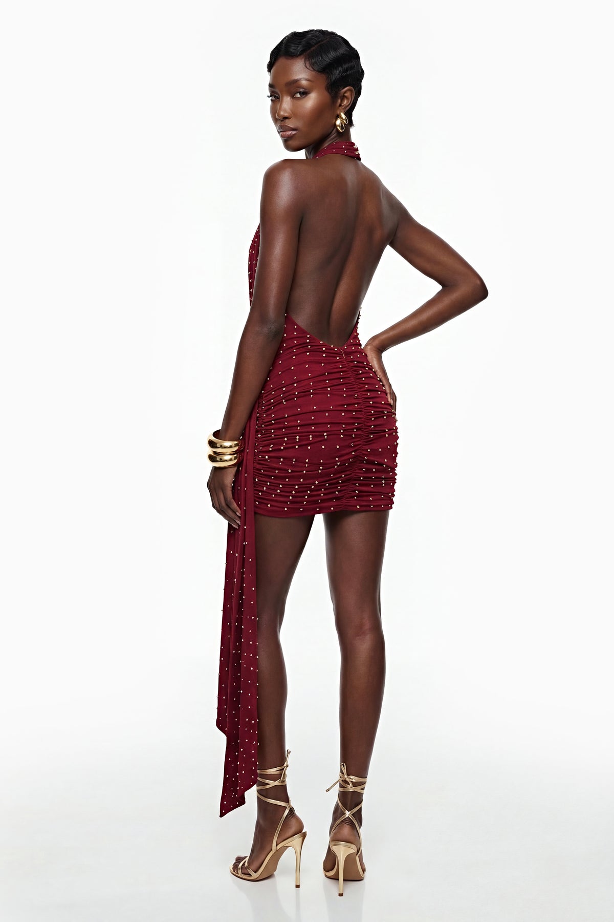 Xanthe Burgundy Beaded Mini Dress with Ribbon Detail