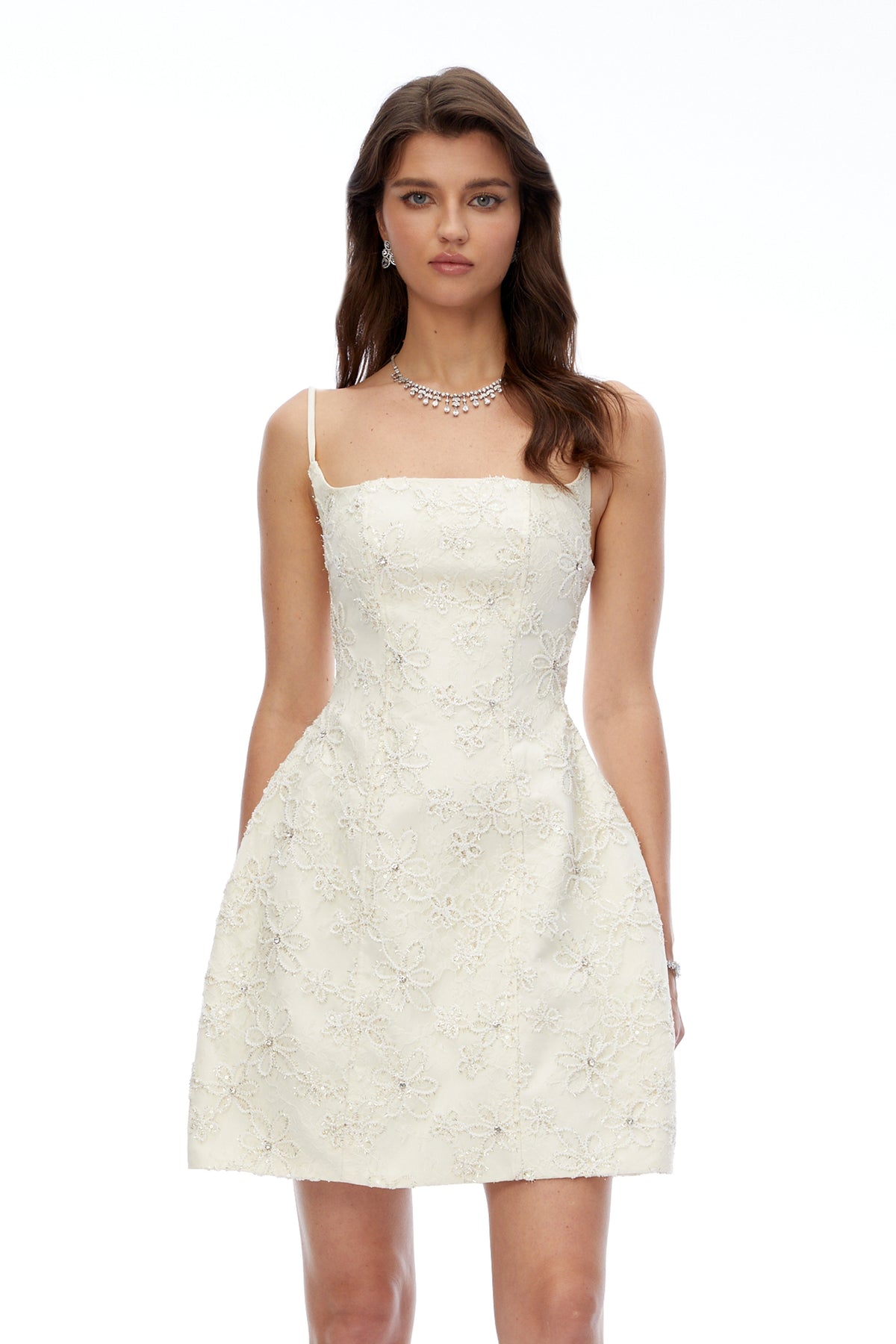 Xena Cream Square Neck Floral Embroidered Mini Dress