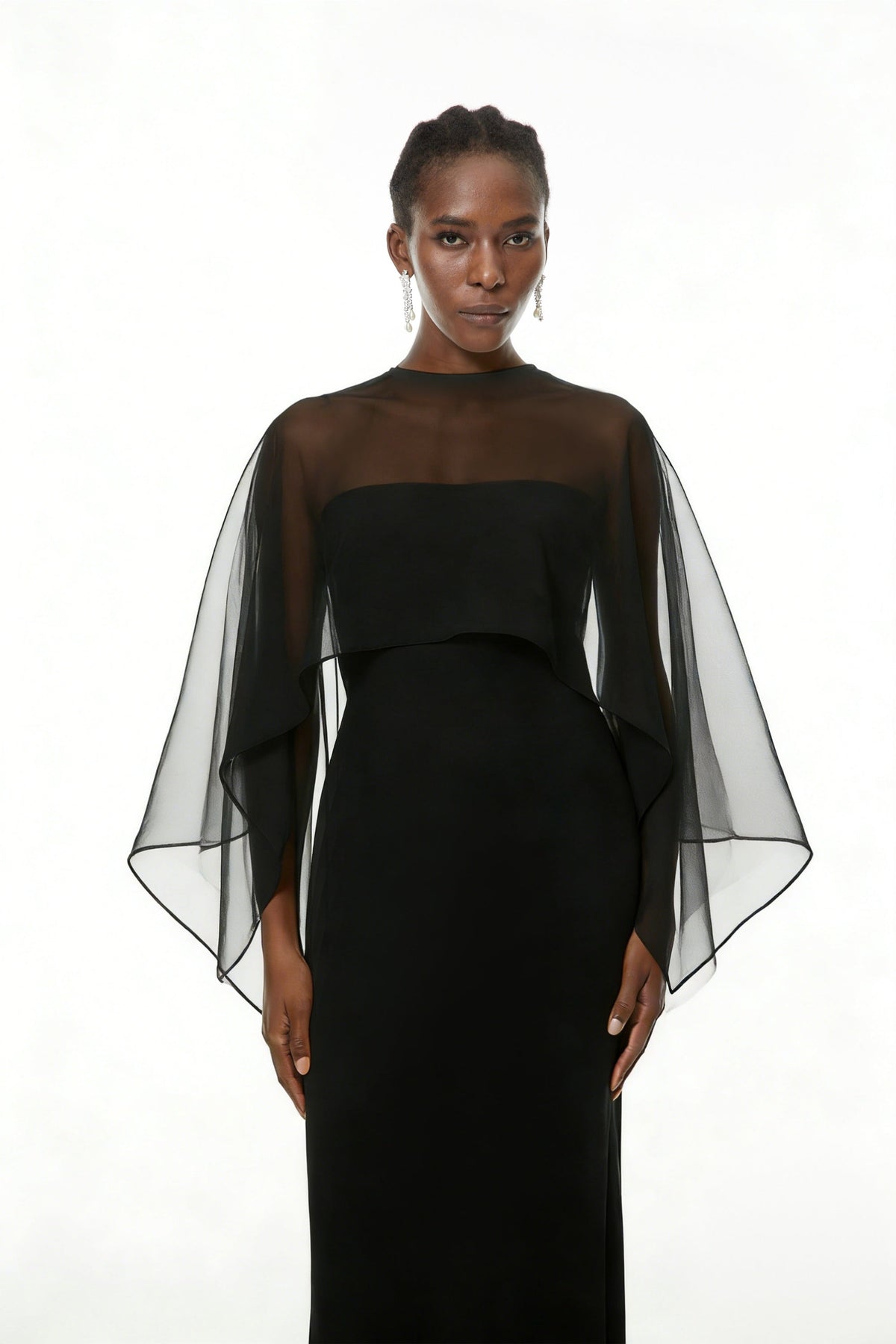 Xiomara Black Cape Design Satin Maxi Dress