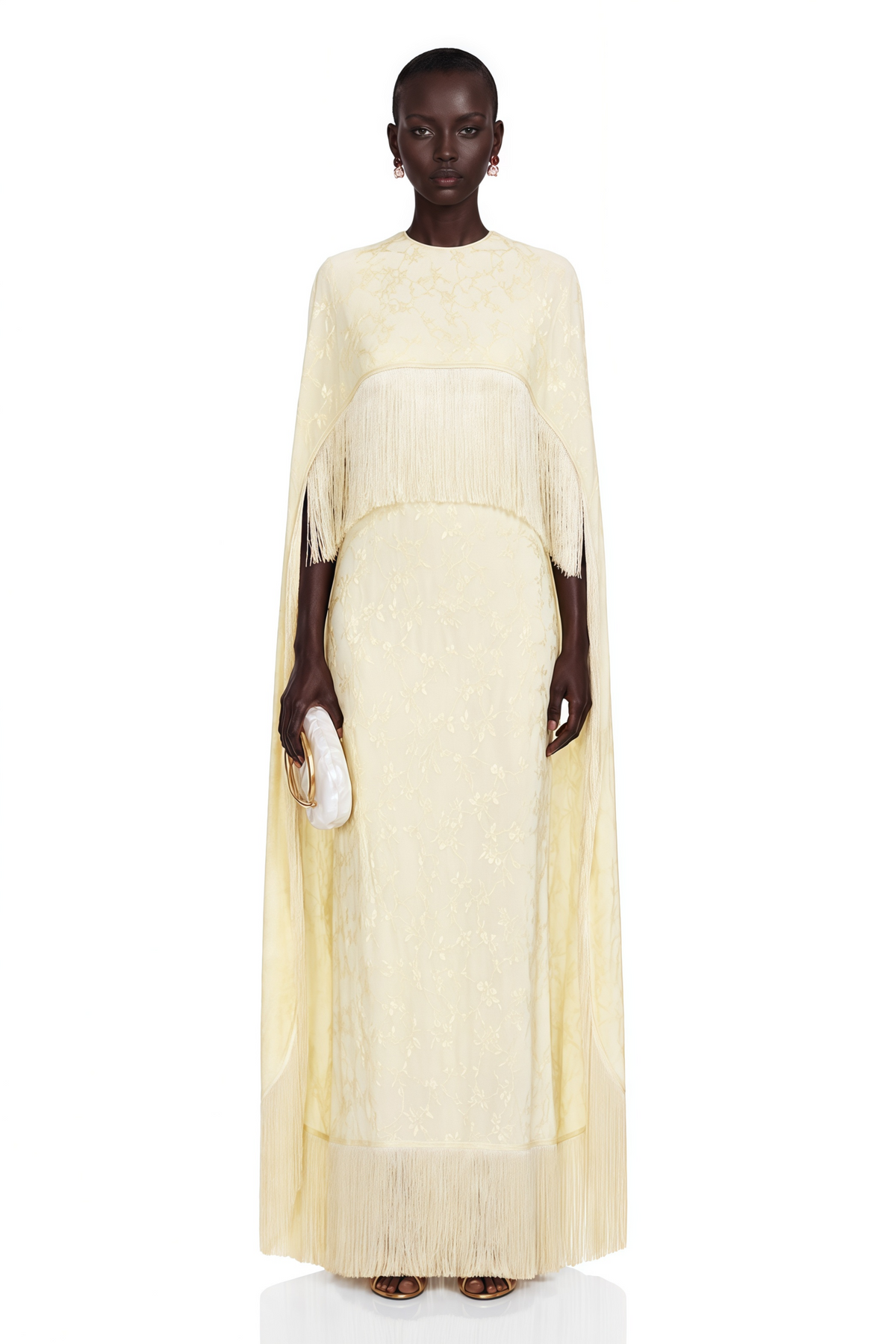 Yolanda Pale Yellow Maxi Dress with Cape Overlay and Fringe