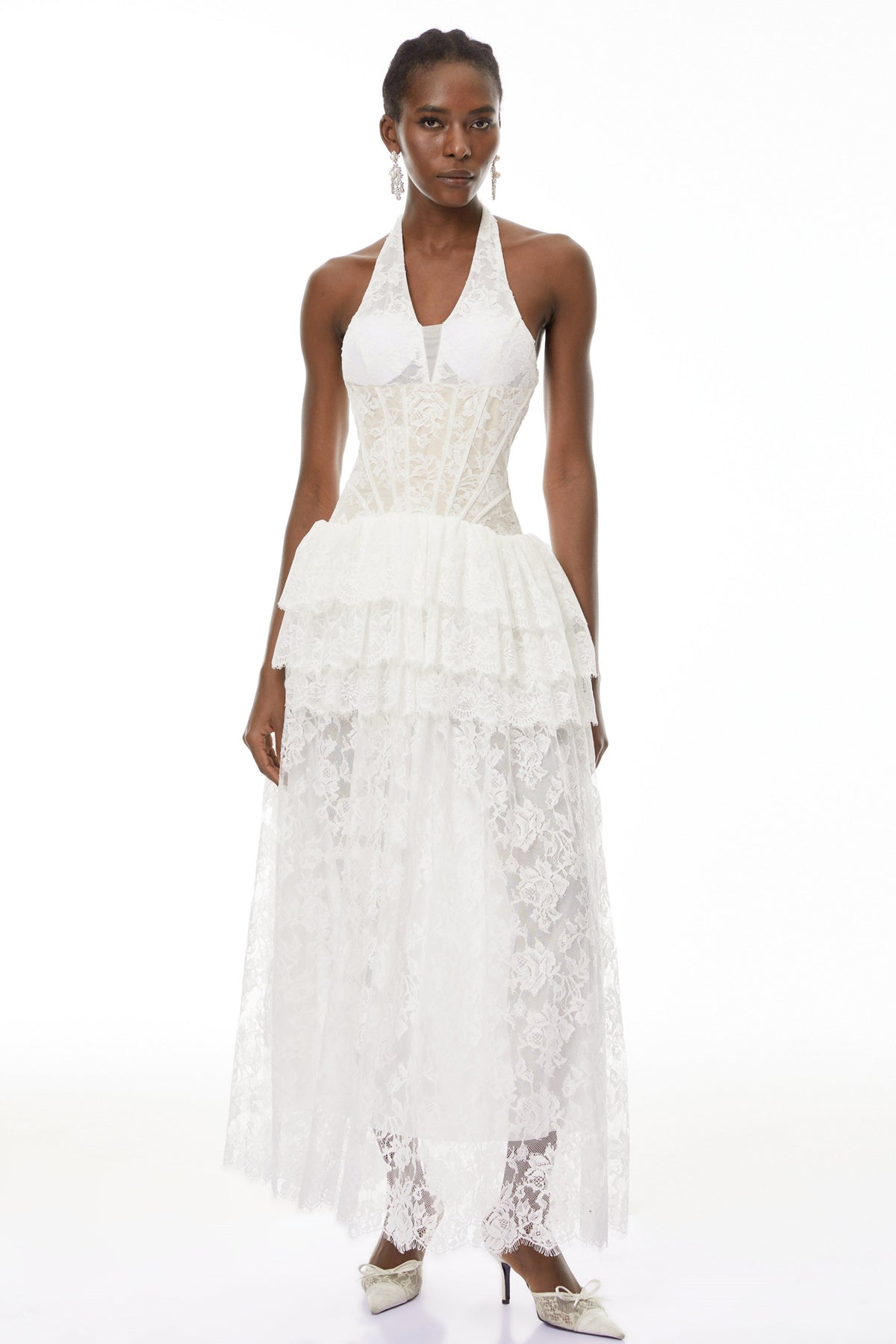 Yoliswa White Floral Appliqué Tiered Maxi Dress