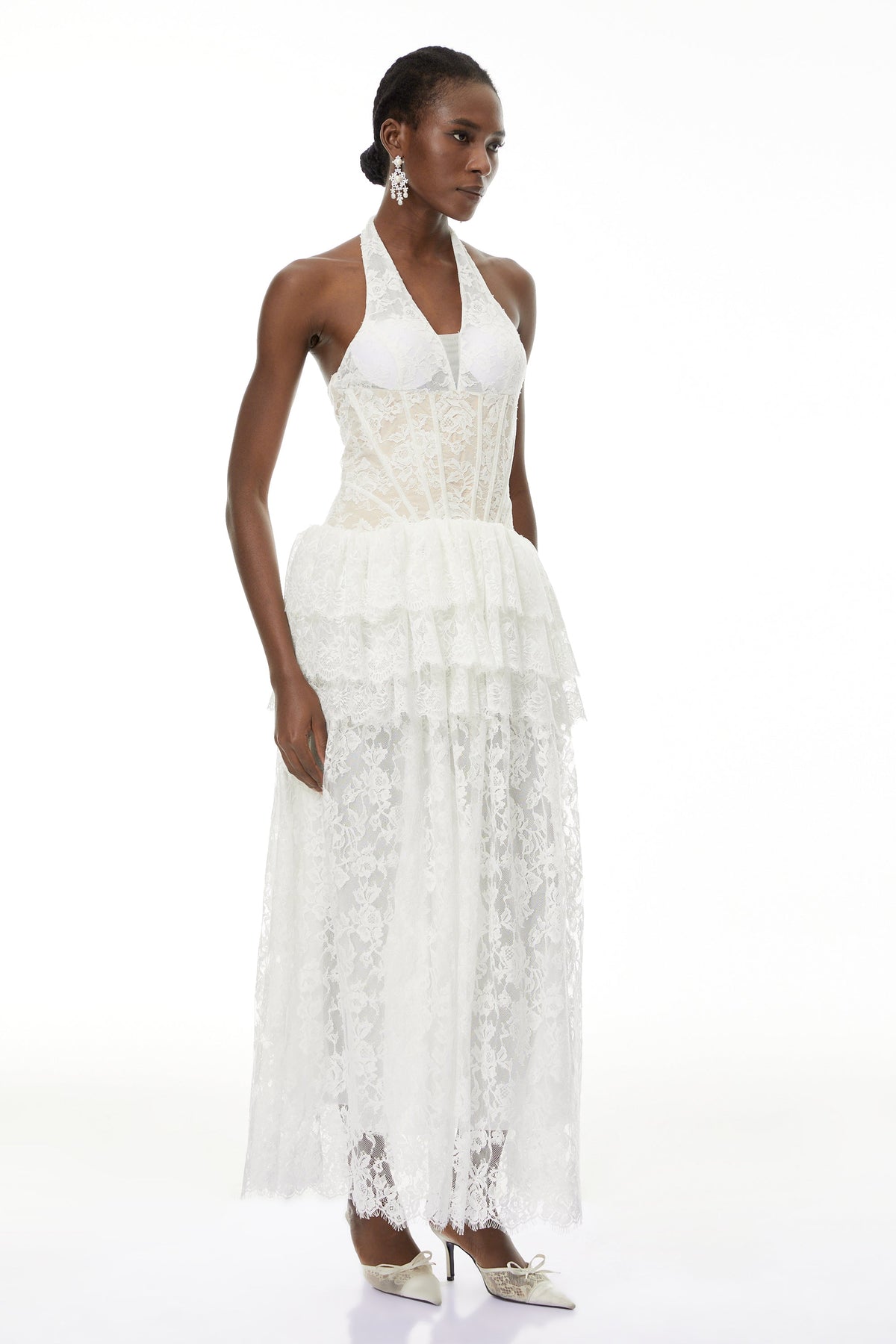 Yoliswa White Floral Appliqué Tiered Maxi Dress